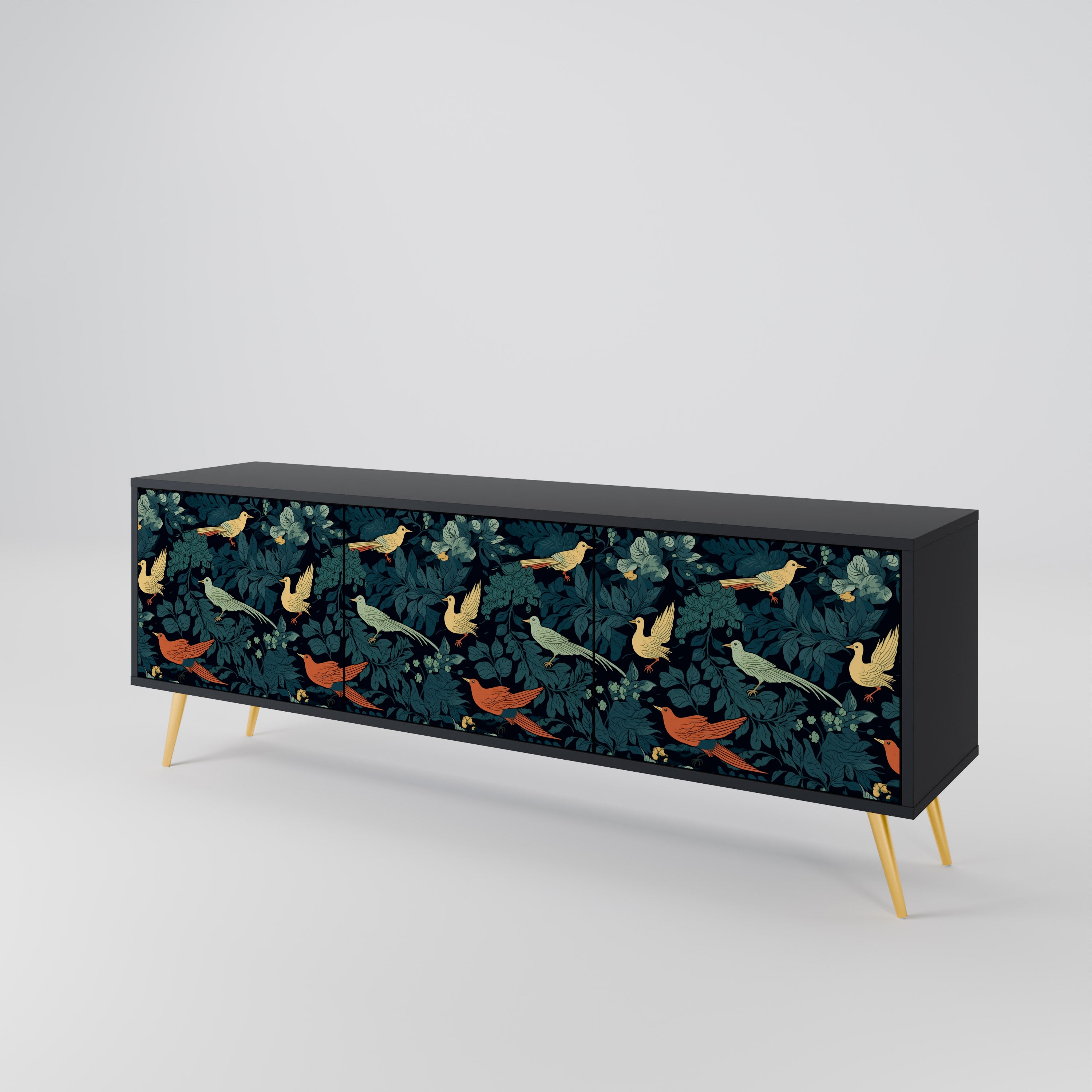 Mueble de TV de 3 puertas FOWL ORNAMENT con acabado negro
