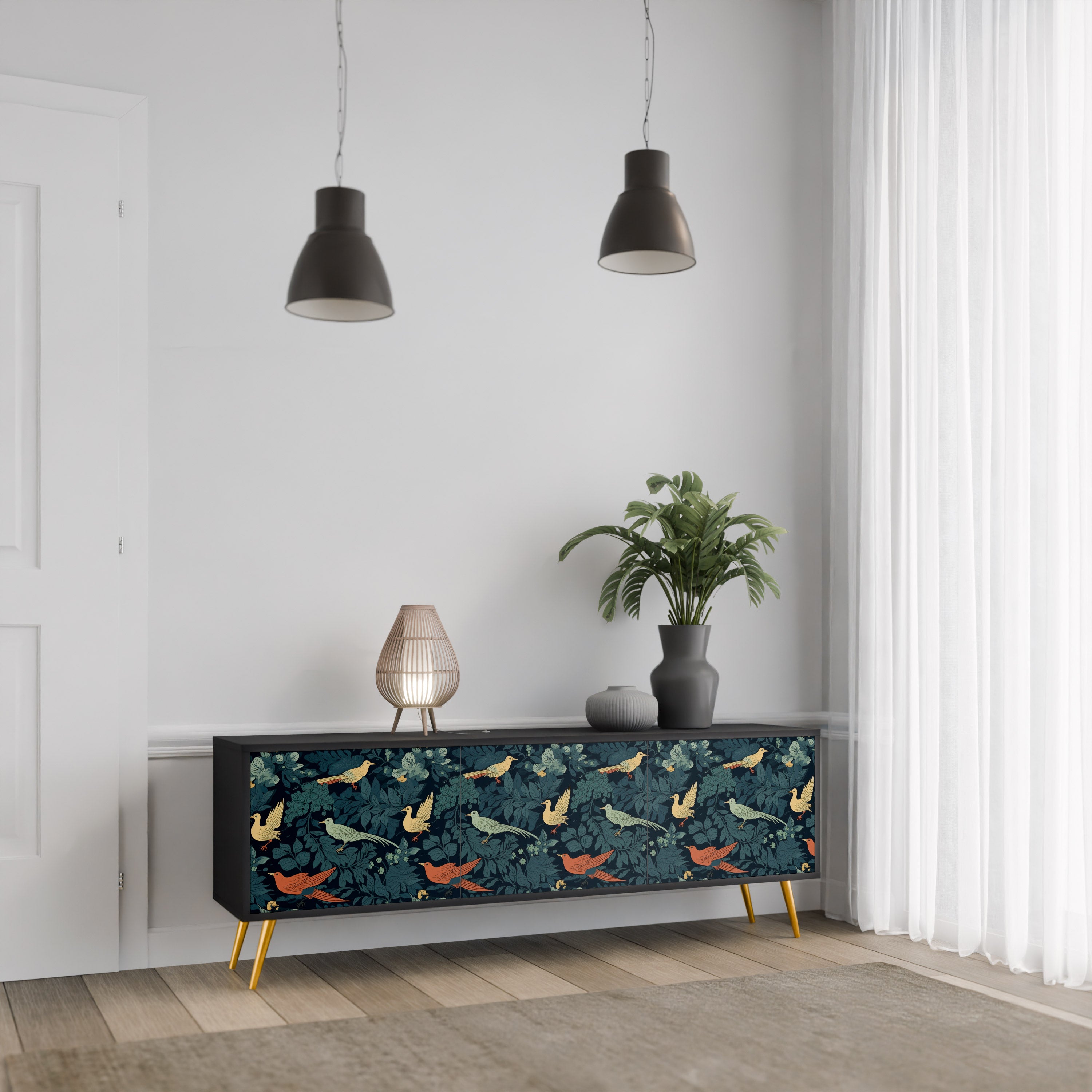 Mueble de TV de 3 puertas FOWL ORNAMENT con acabado negro