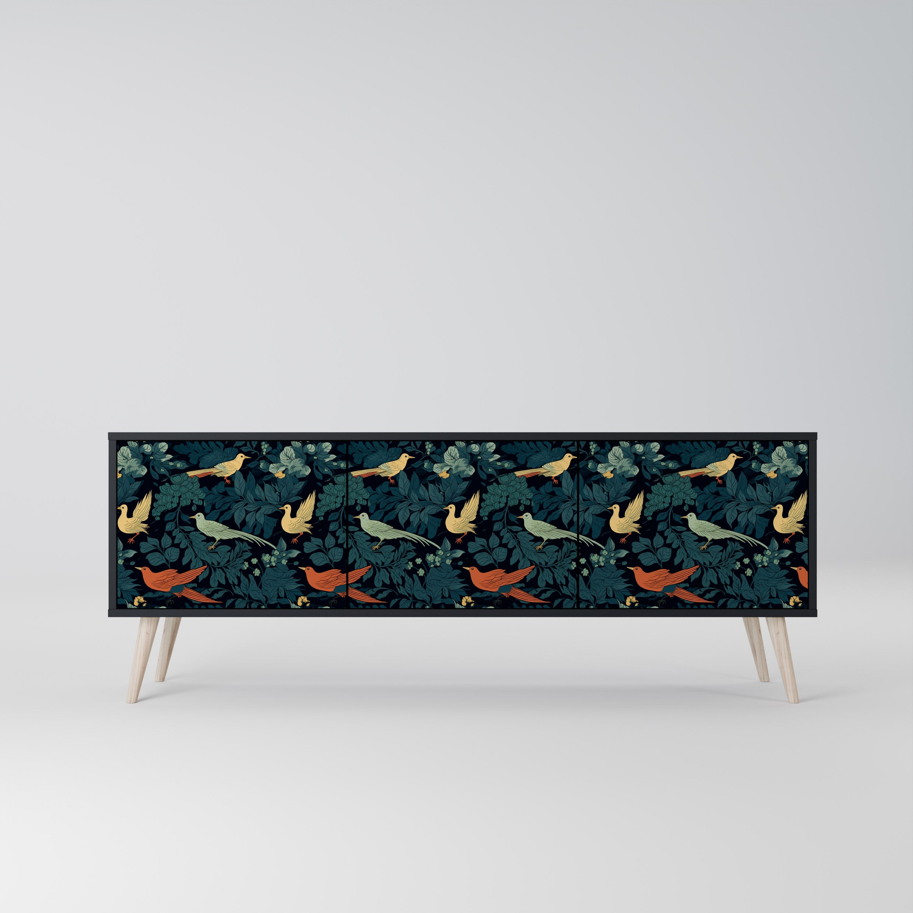 Mueble de TV de 3 puertas FOWL ORNAMENT con acabado negro