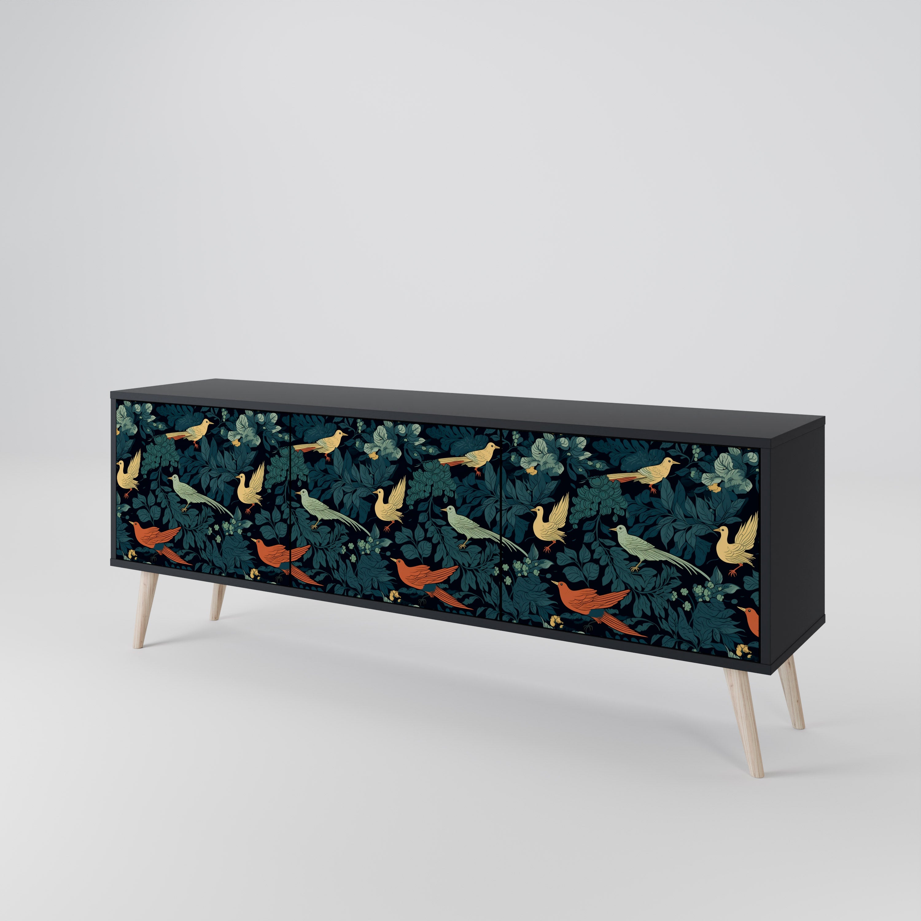 Mueble de TV de 3 puertas FOWL ORNAMENT con acabado negro