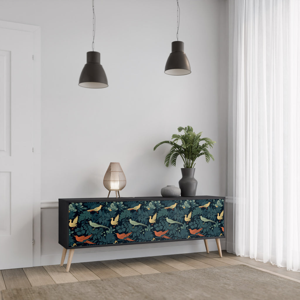 Mueble de TV de 3 puertas FOWL ORNAMENT con acabado negro
