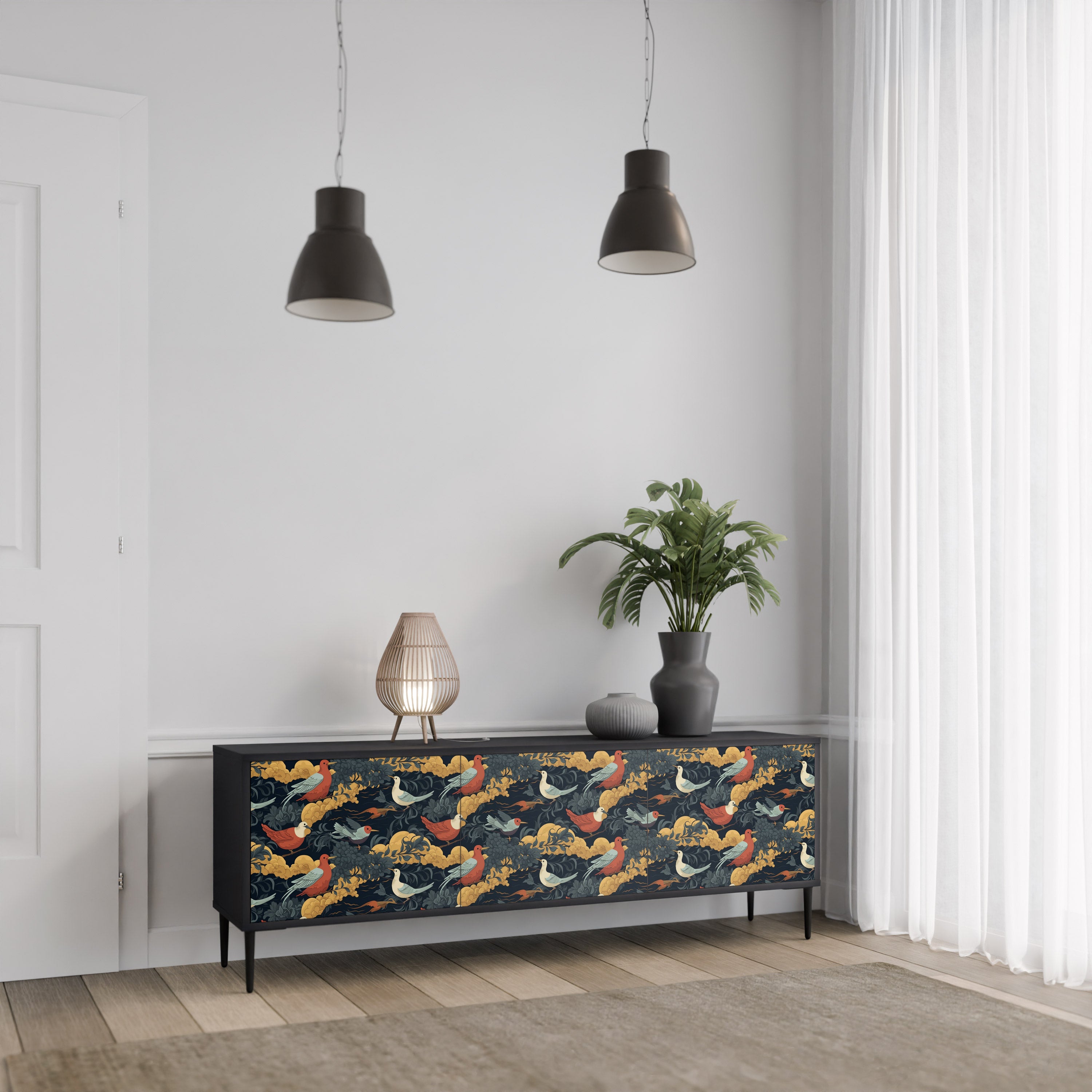 Mueble de TV de 3 puertas FOWLY DAZE con acabado negro