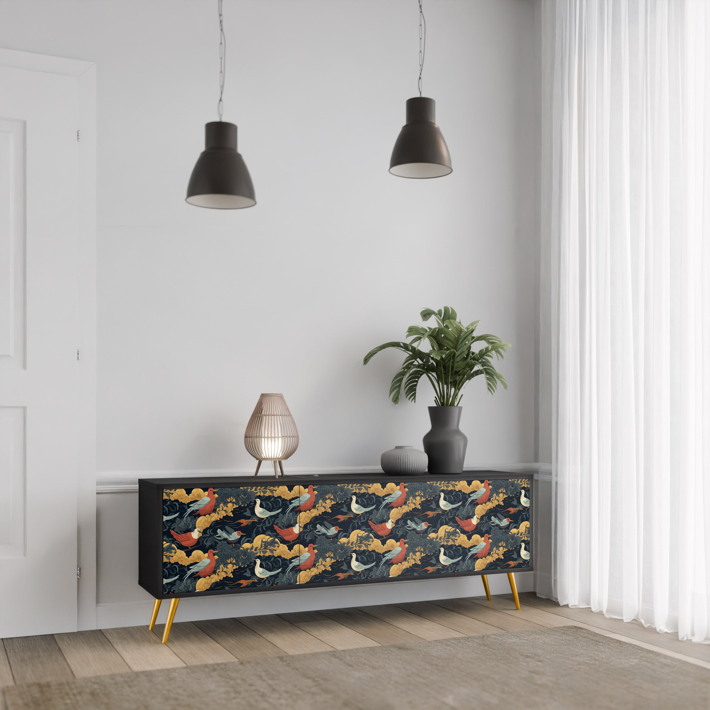 Mueble de TV de 3 puertas FOWLY DAZE con acabado negro