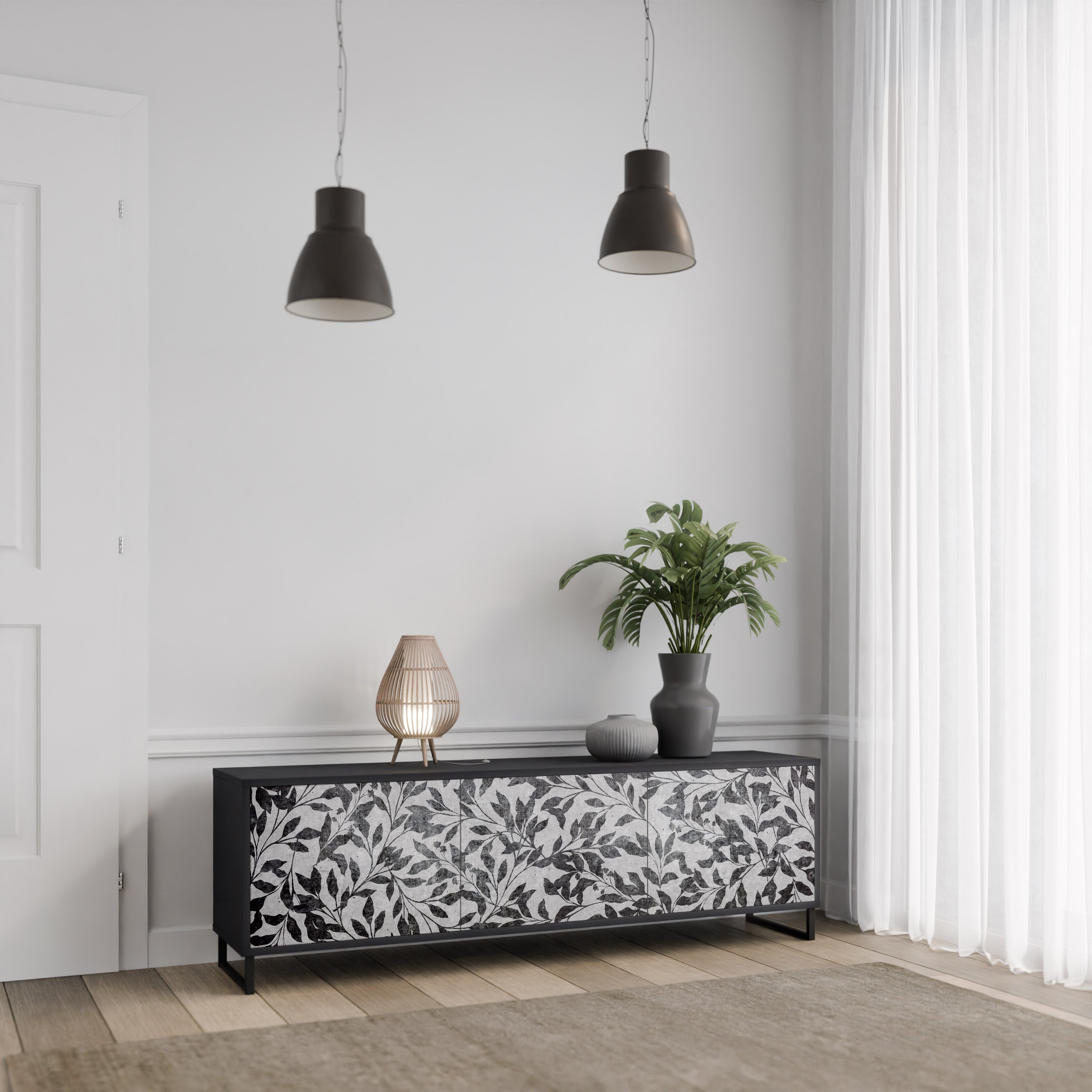 Mueble para TV de 3 puertas CHARCOAL SPROUT con acabado negro