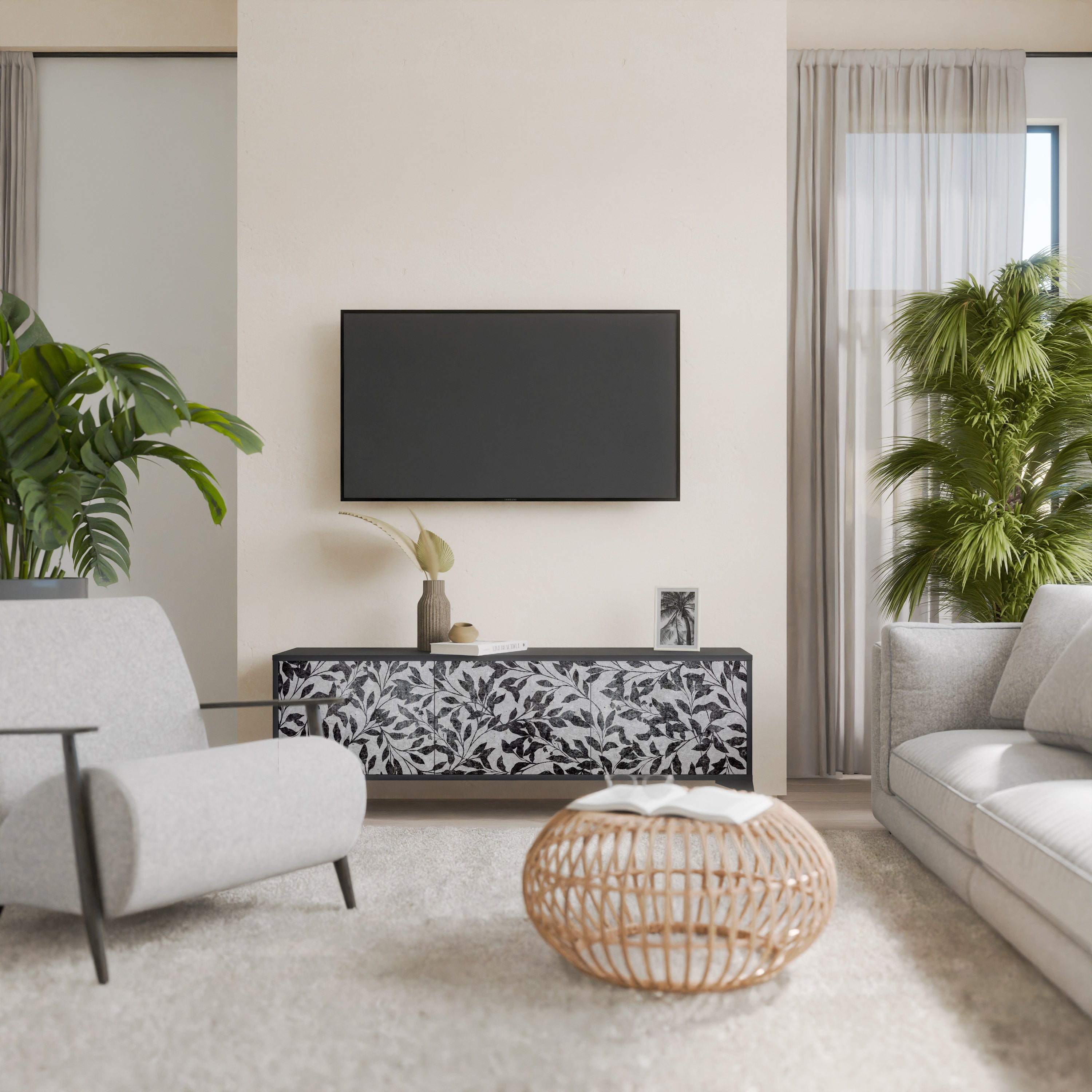Mueble para TV de 3 puertas CHARCOAL SPROUT con acabado negro