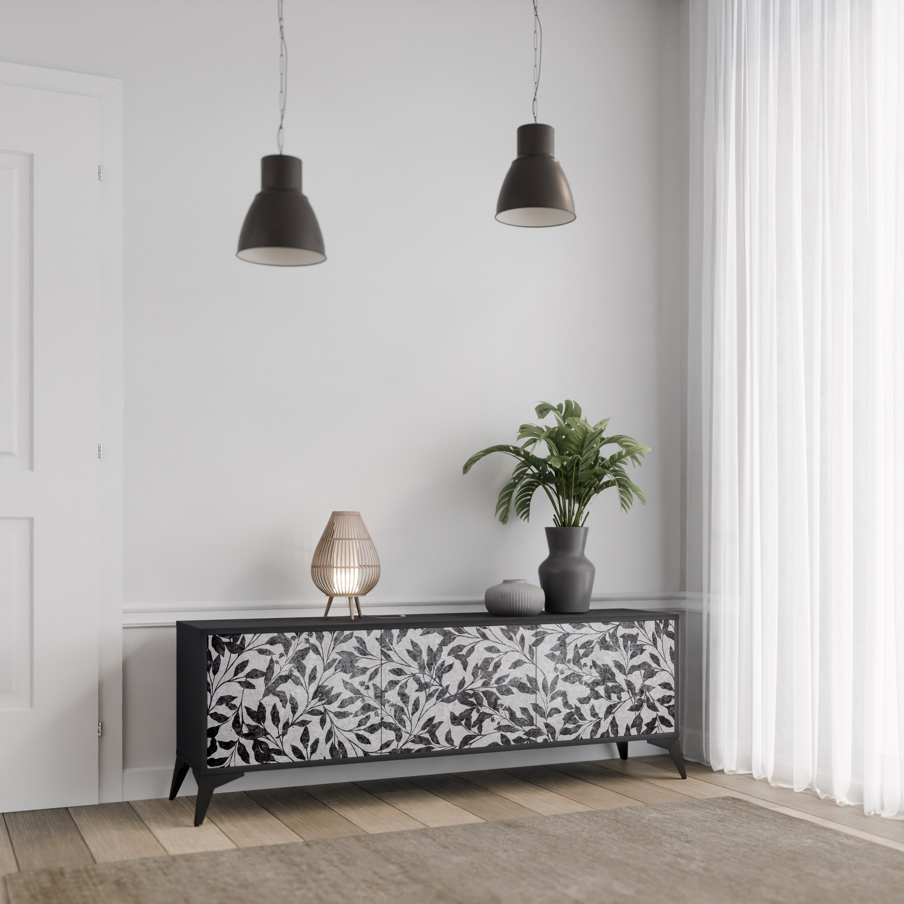 Mueble para TV de 3 puertas CHARCOAL SPROUT con acabado negro