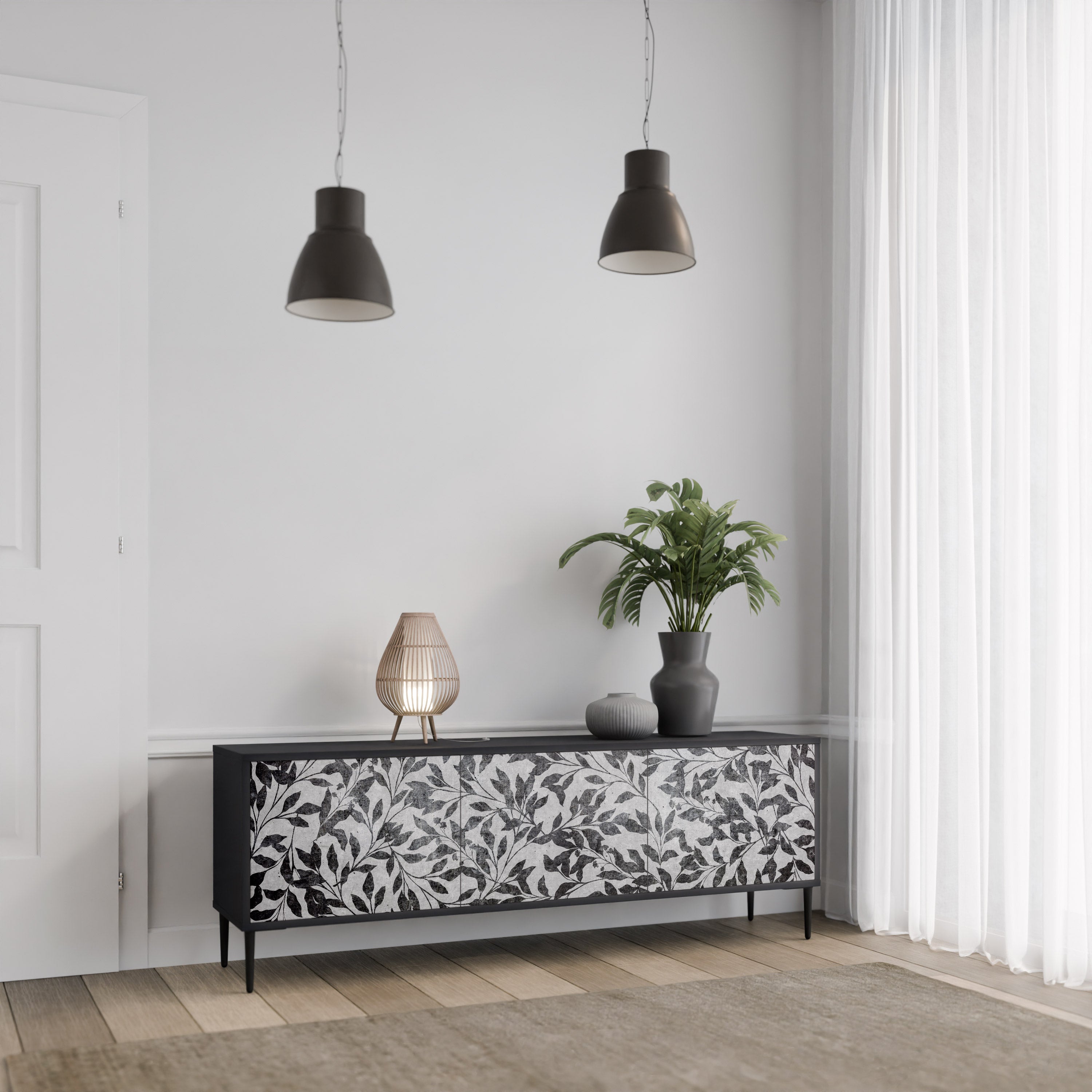 Mueble para TV de 3 puertas CHARCOAL SPROUT con acabado negro