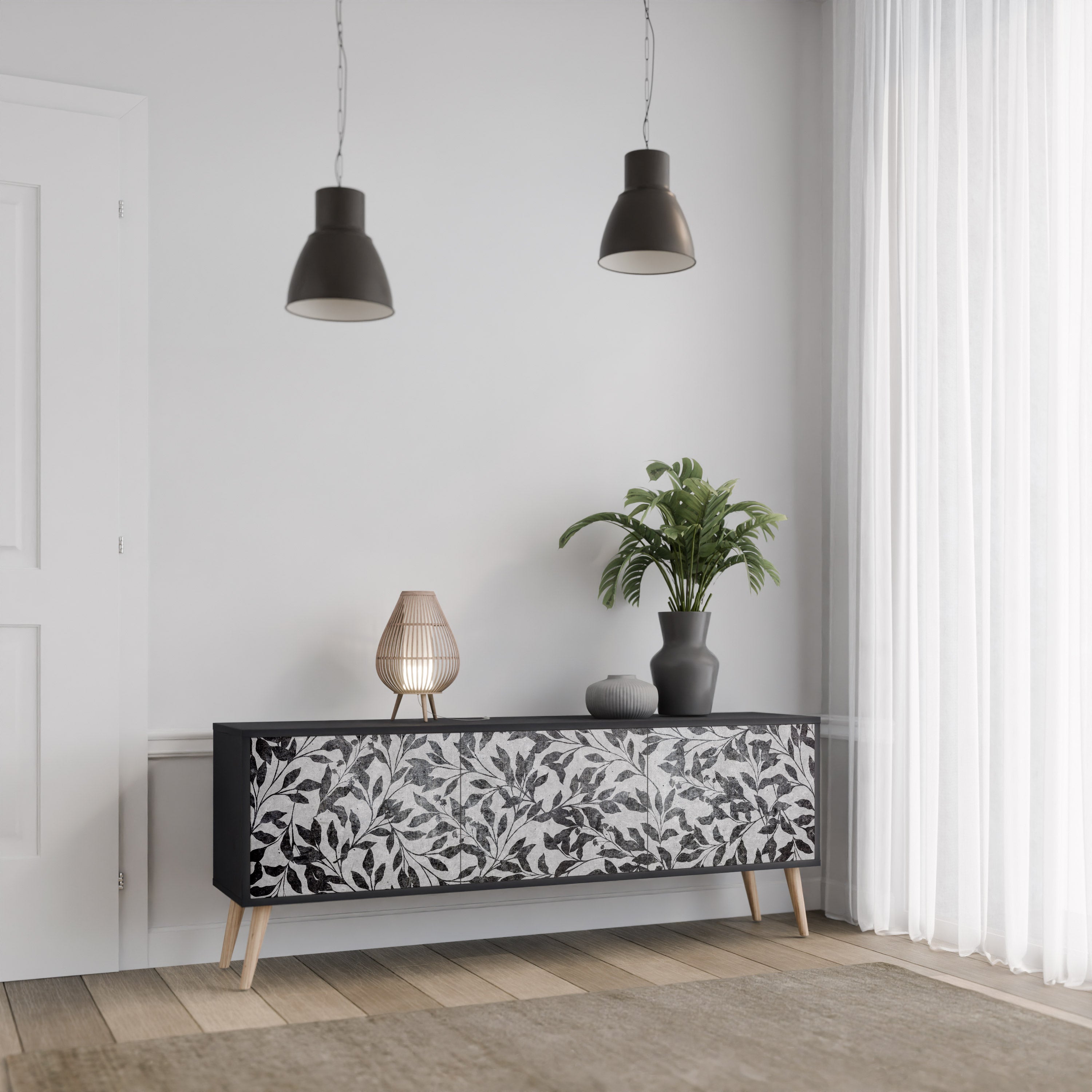 Mueble para TV de 3 puertas CHARCOAL SPROUT con acabado negro