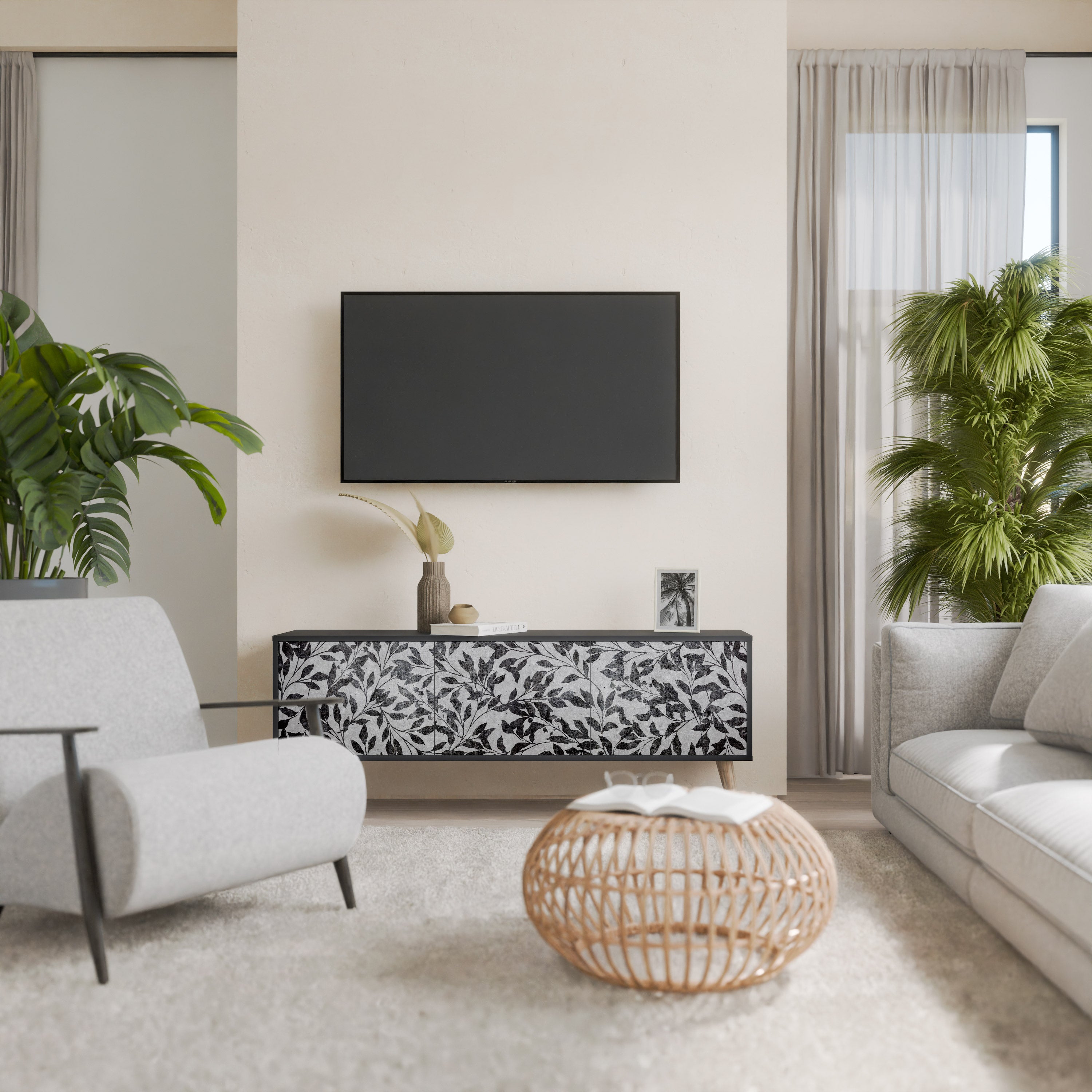 Mueble para TV de 3 puertas CHARCOAL SPROUT con acabado negro