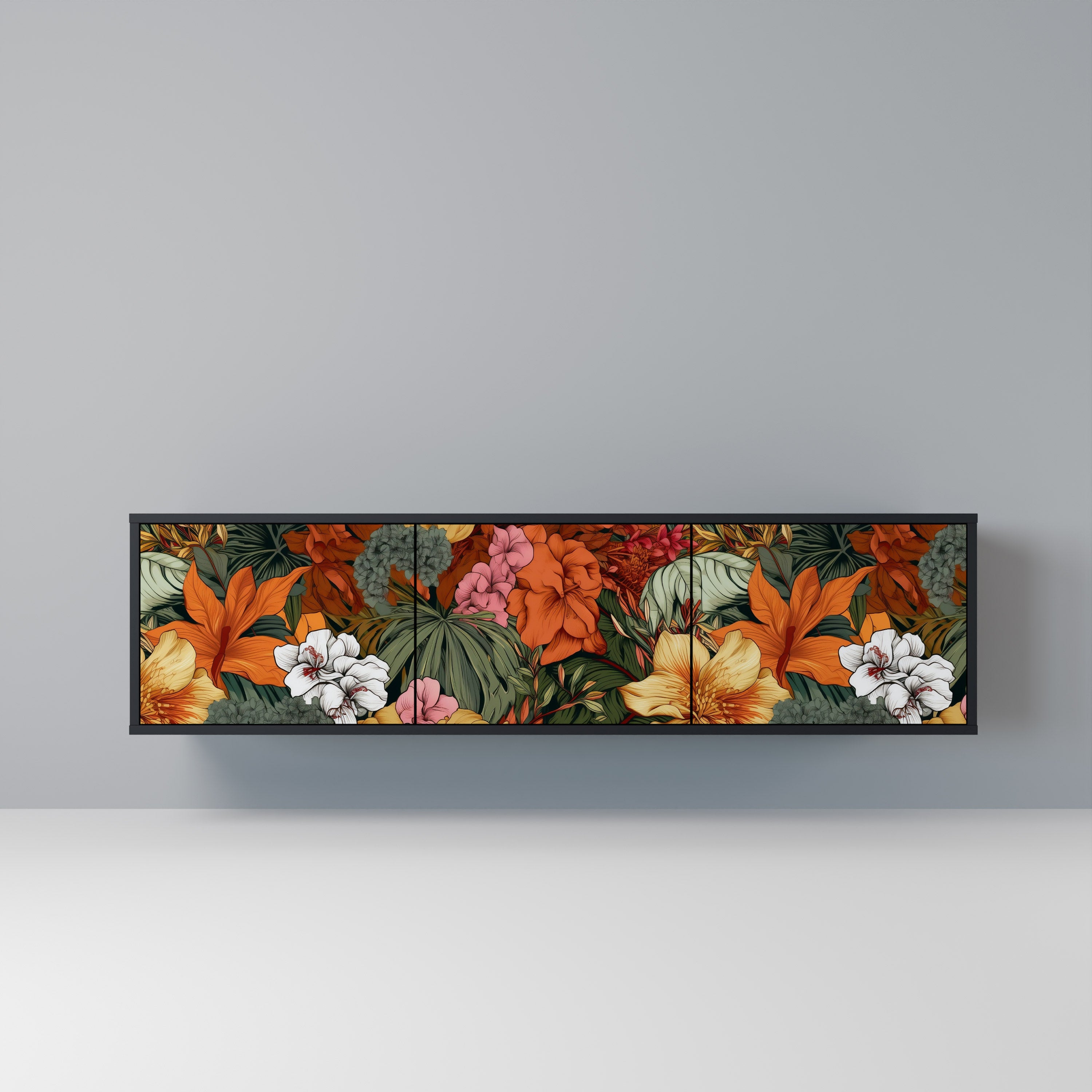 Mueble de TV de 3 puertas RADIANT FLORA en acabado negro