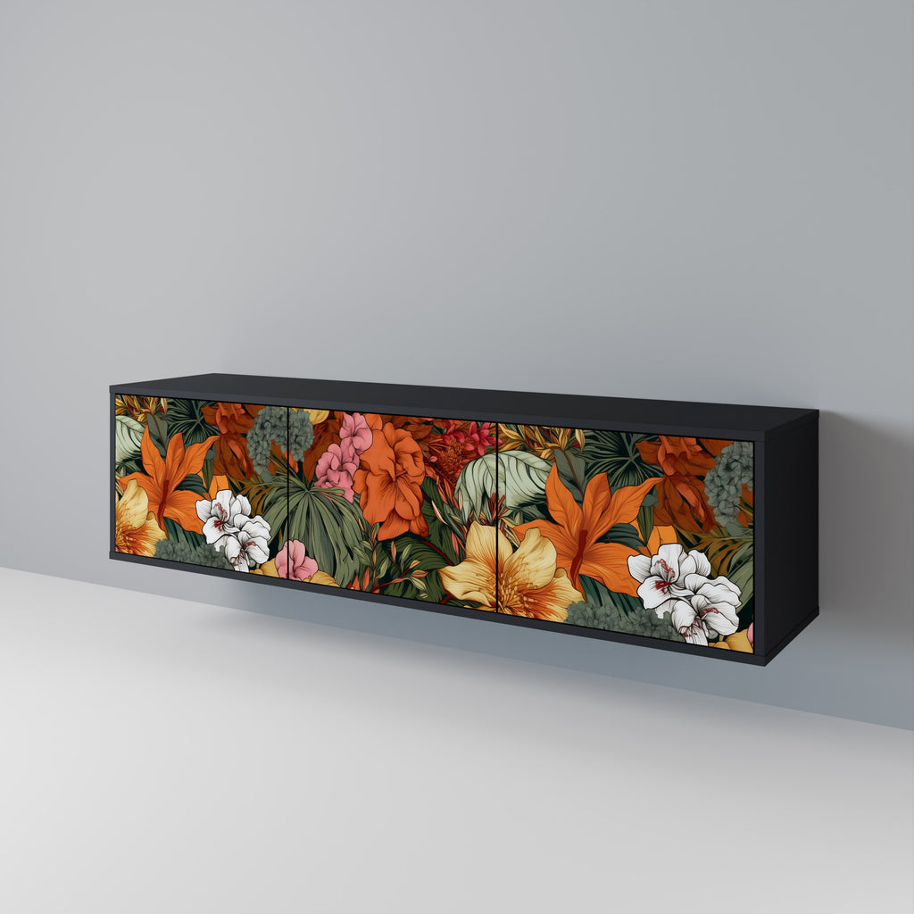 Mueble de TV de 3 puertas RADIANT FLORA en acabado negro