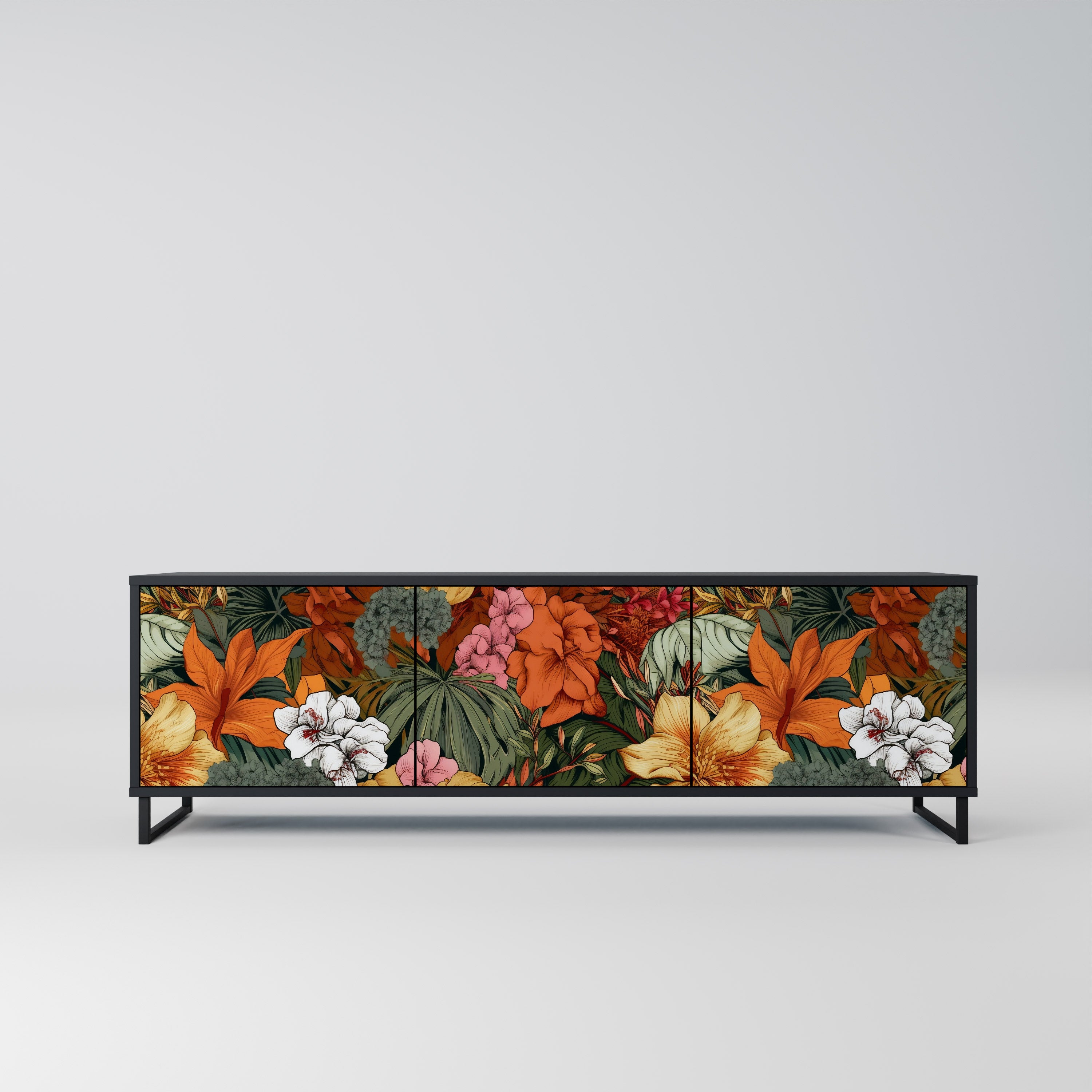Mueble de TV de 3 puertas RADIANT FLORA en acabado negro