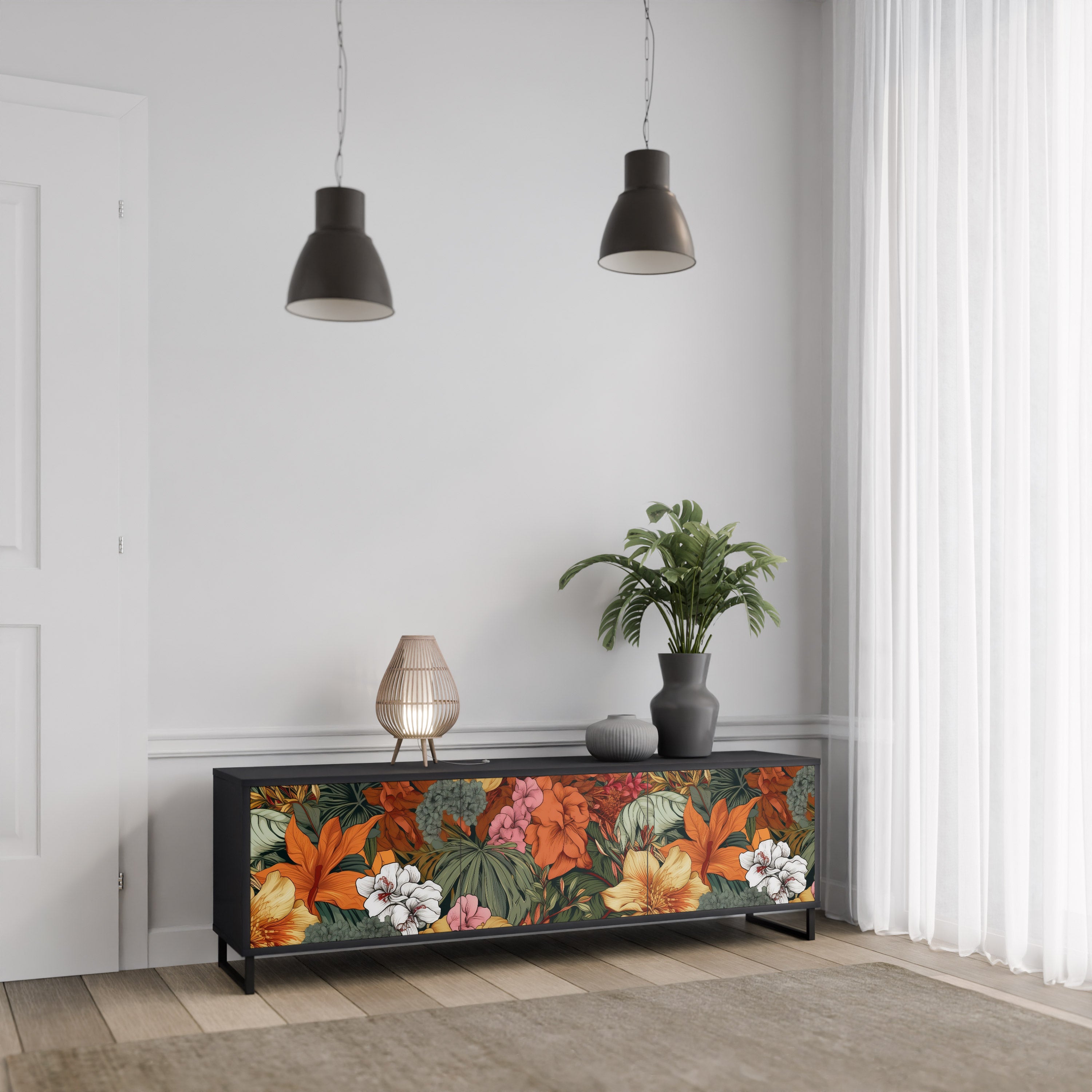 Mueble de TV de 3 puertas RADIANT FLORA en acabado negro