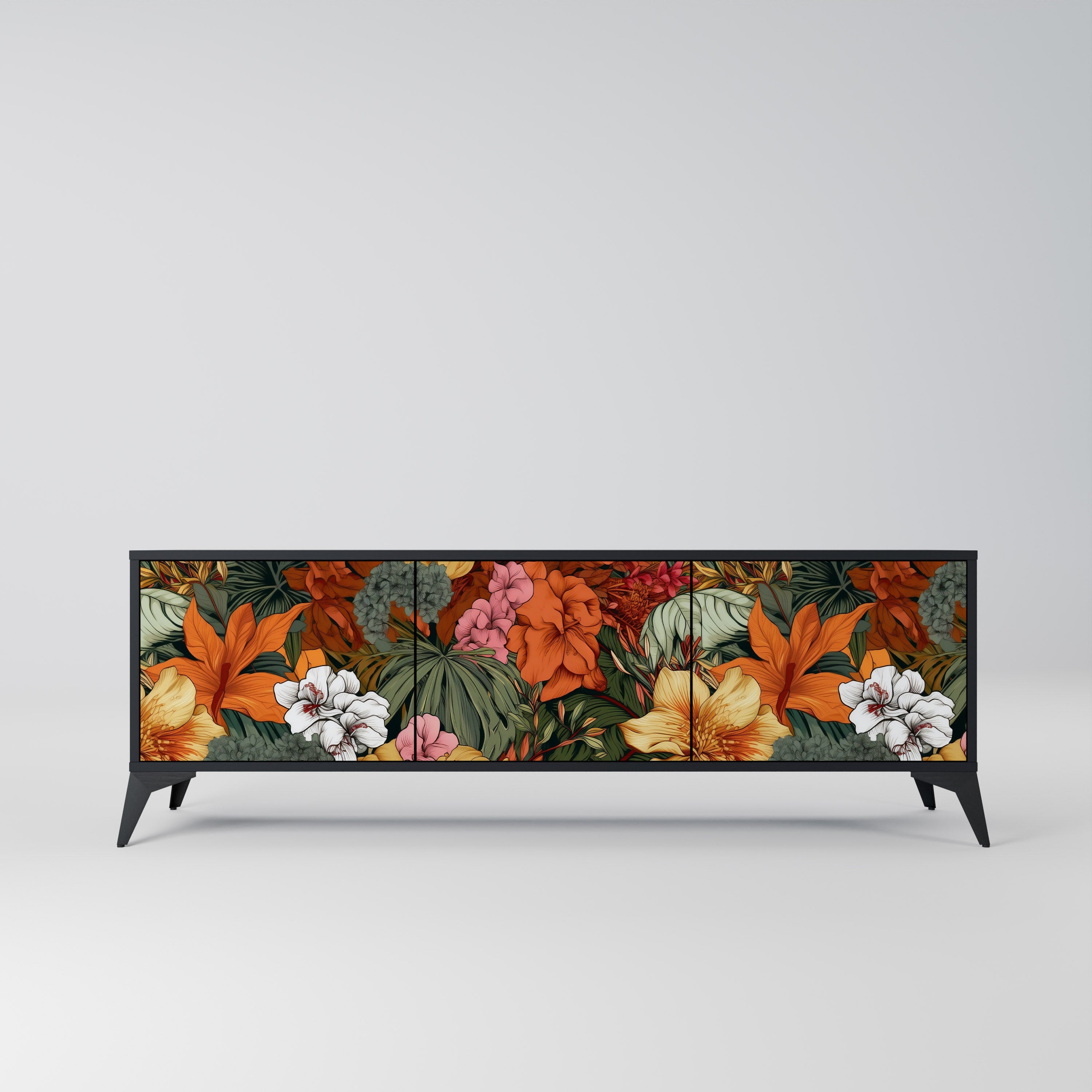 Mueble de TV de 3 puertas RADIANT FLORA en acabado negro