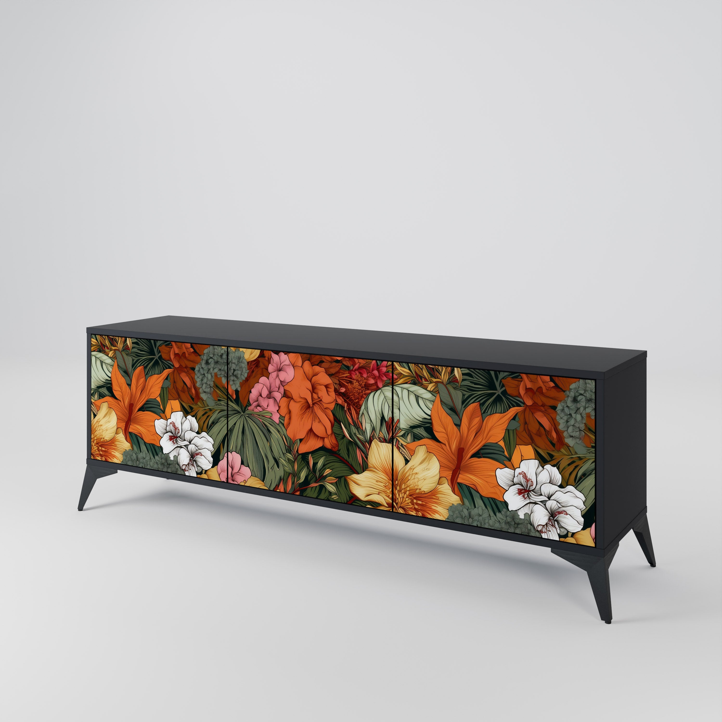 Mueble de TV de 3 puertas RADIANT FLORA en acabado negro
