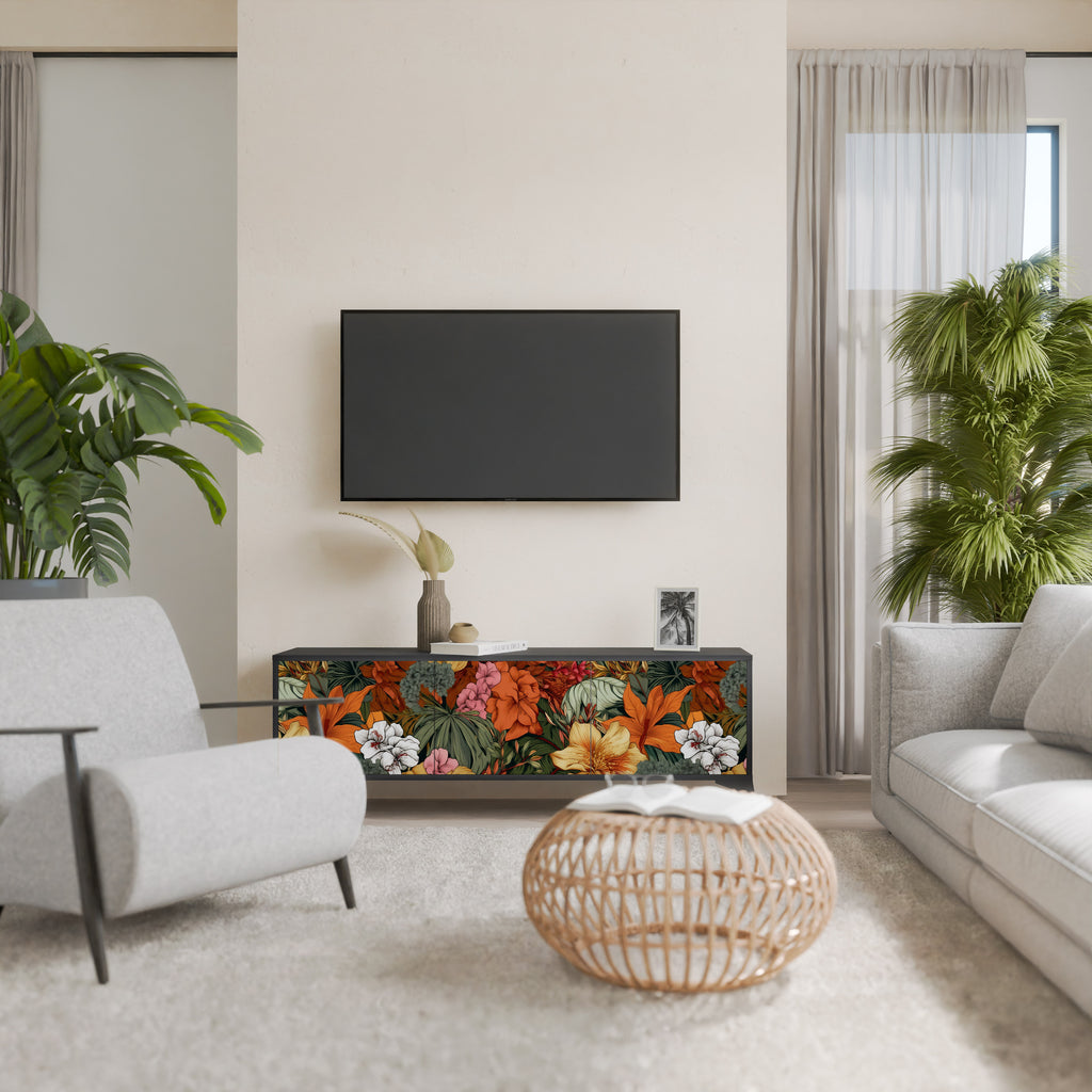Mueble de TV de 3 puertas RADIANT FLORA en acabado negro