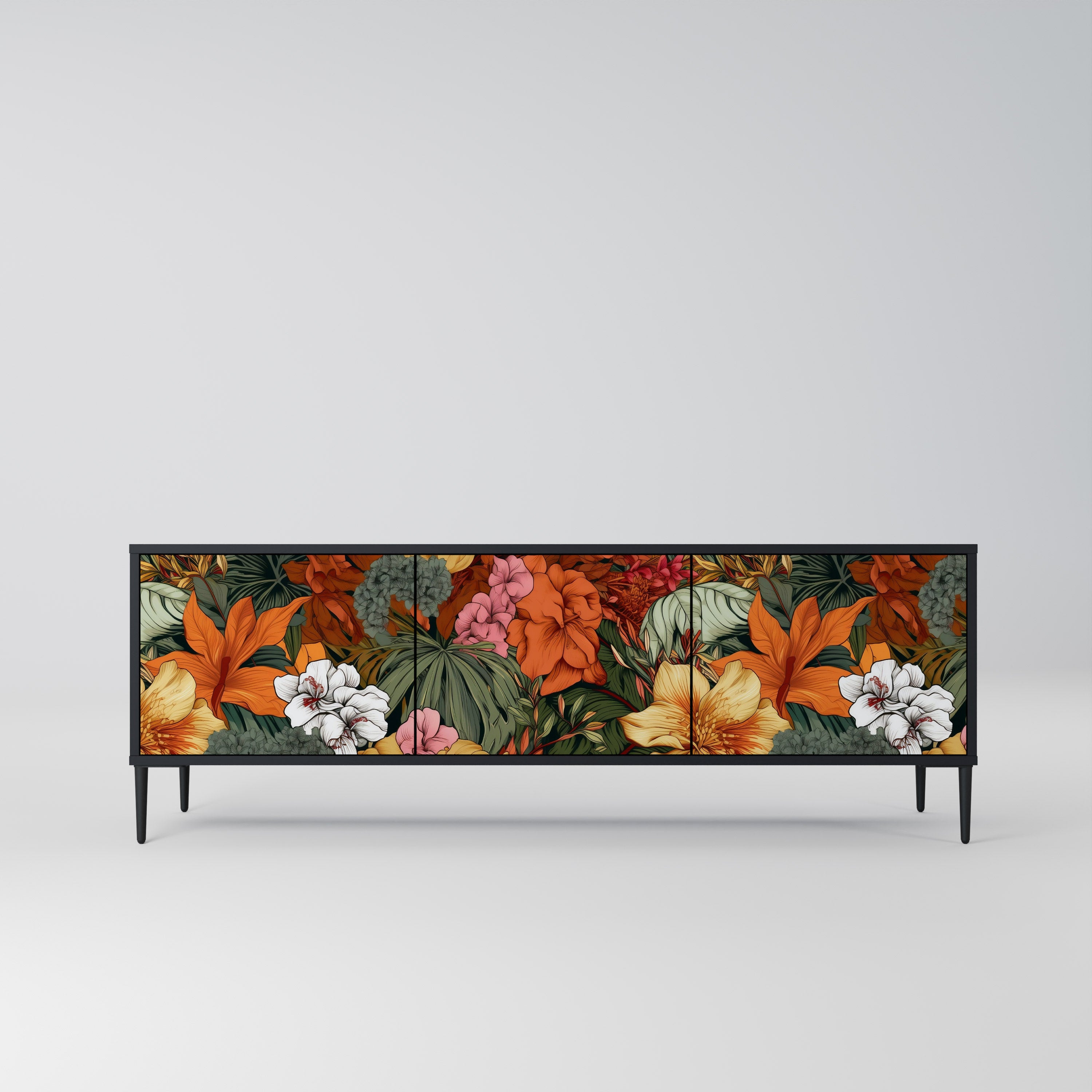 Mueble de TV de 3 puertas RADIANT FLORA en acabado negro
