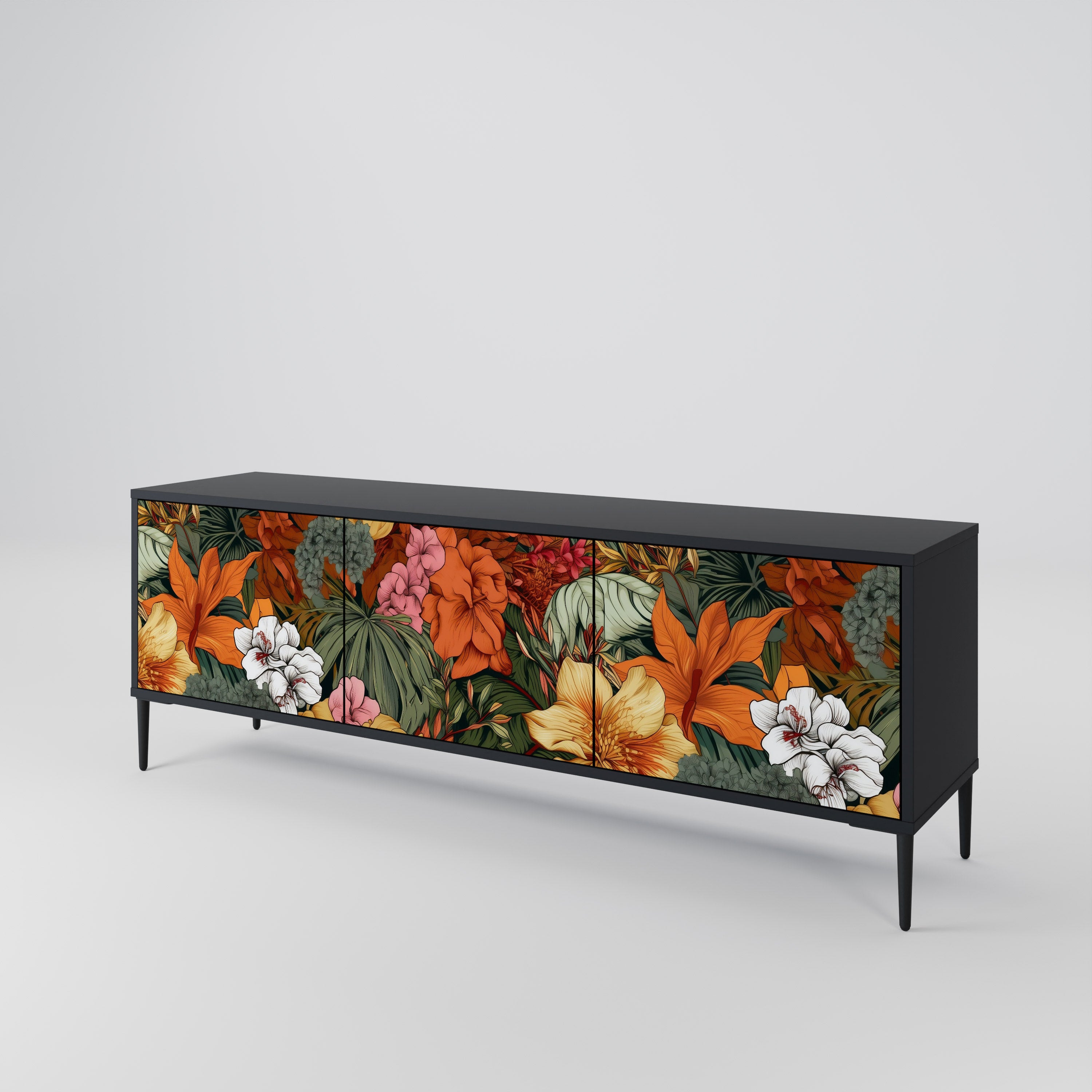 Mueble de TV de 3 puertas RADIANT FLORA en acabado negro