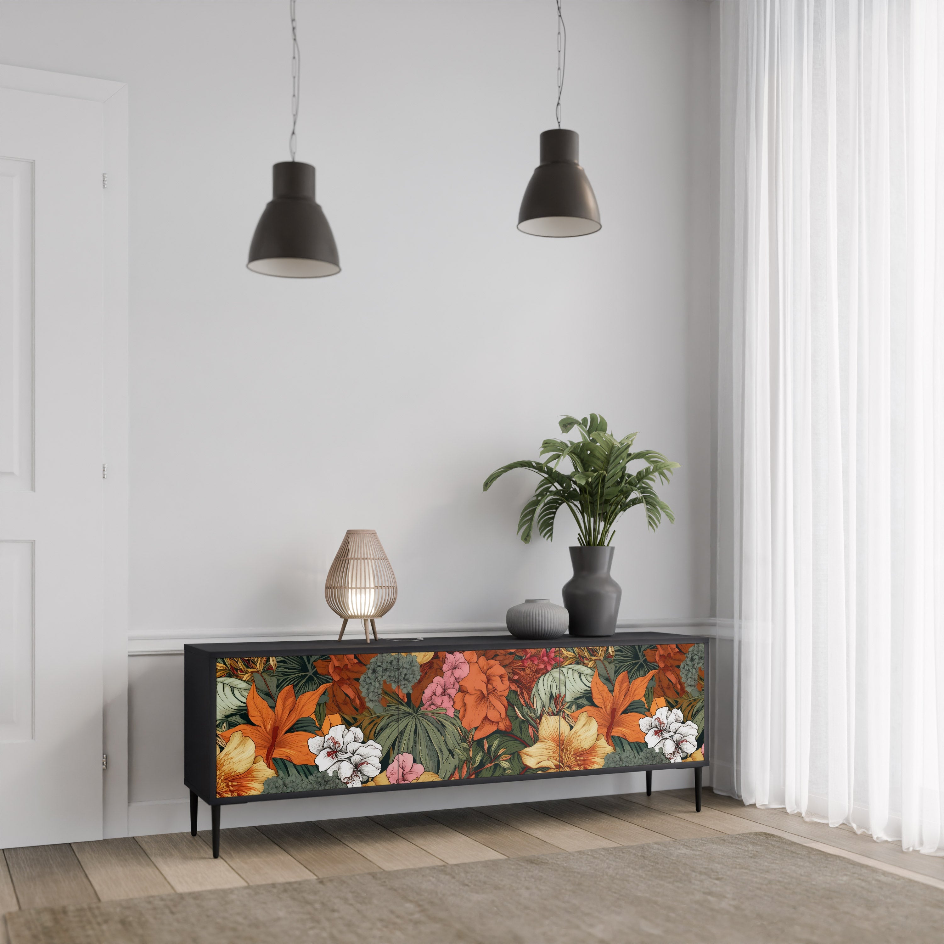 Mueble de TV de 3 puertas RADIANT FLORA en acabado negro