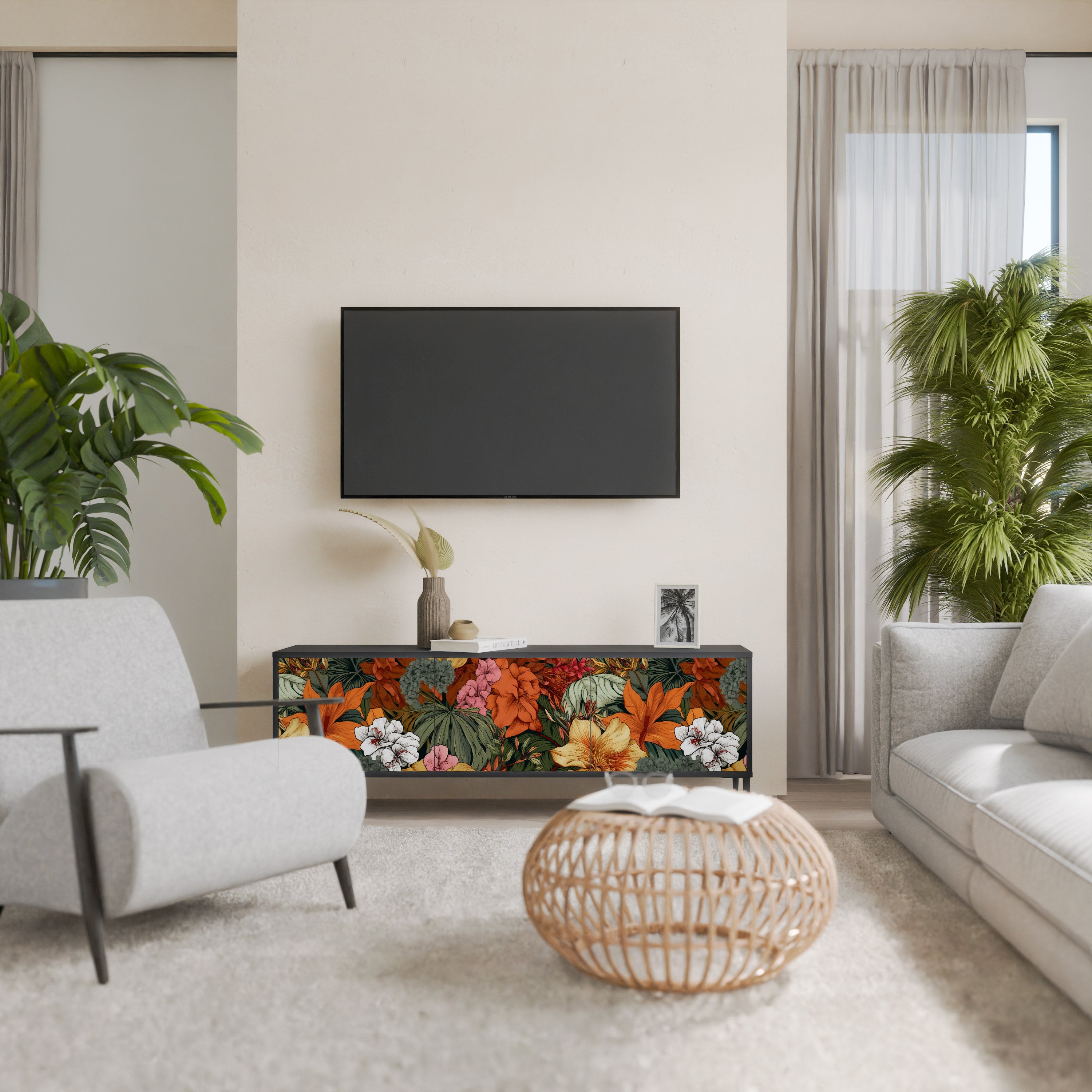 Mueble de TV de 3 puertas RADIANT FLORA en acabado negro