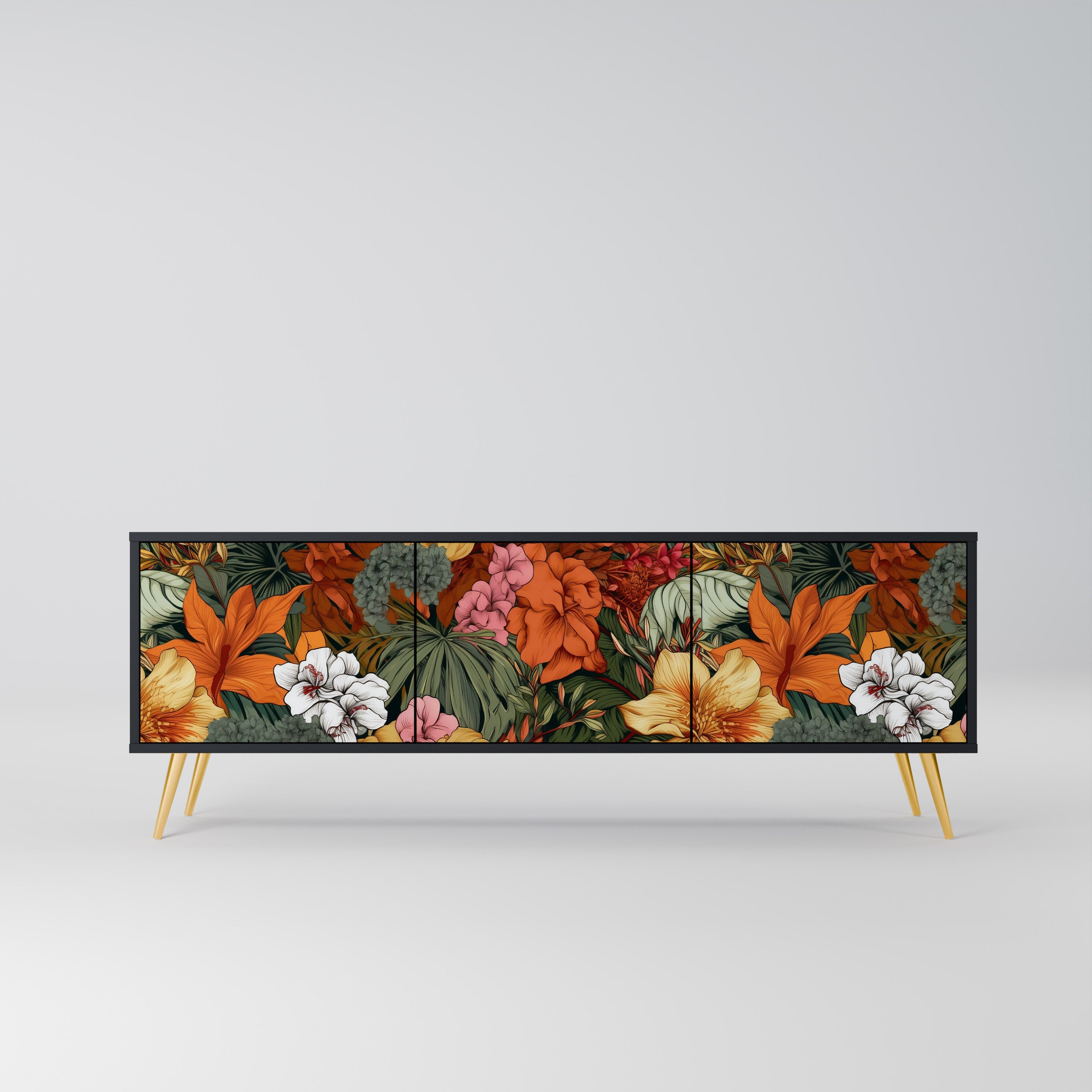 Mueble de TV de 3 puertas RADIANT FLORA en acabado negro