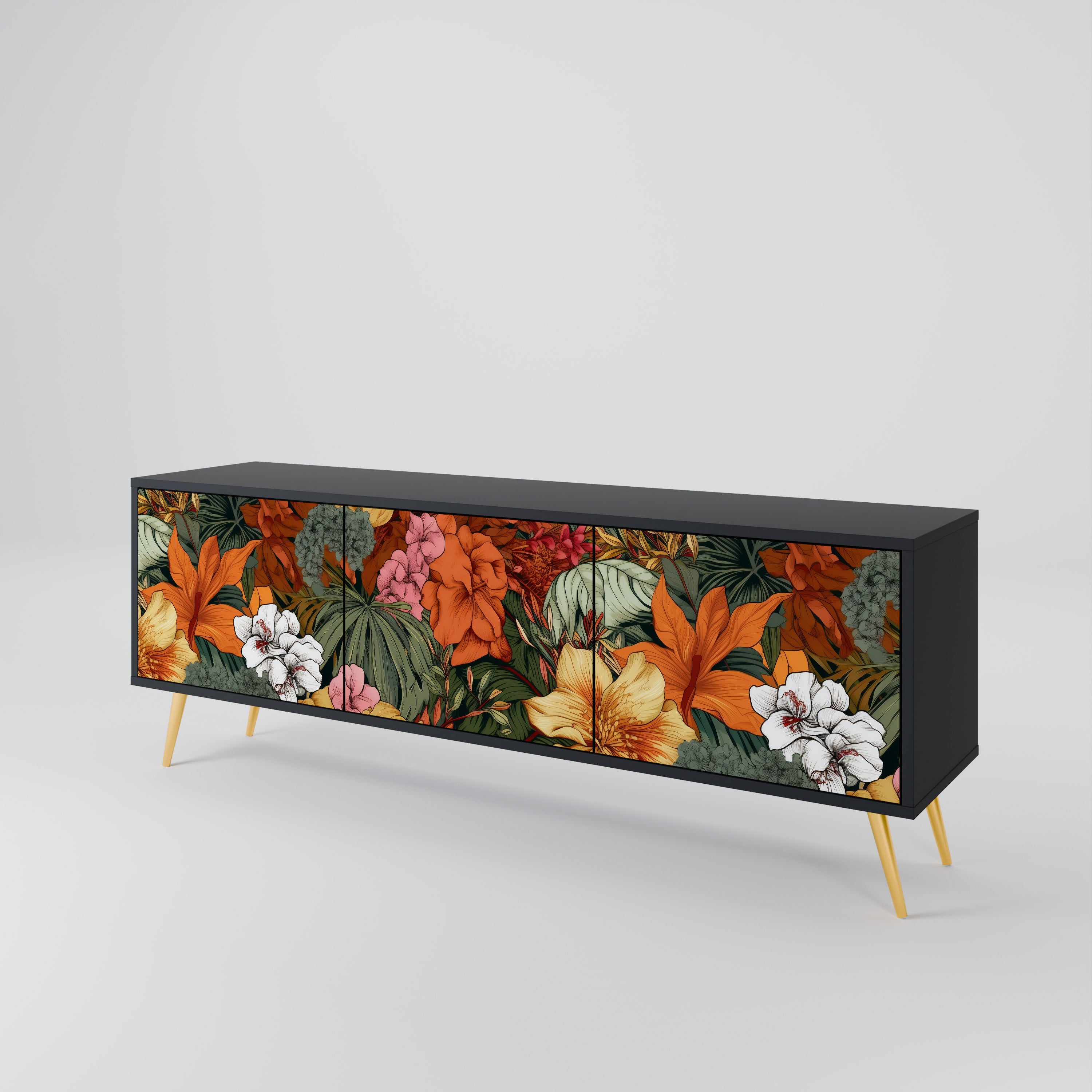 Mueble de TV de 3 puertas RADIANT FLORA en acabado negro