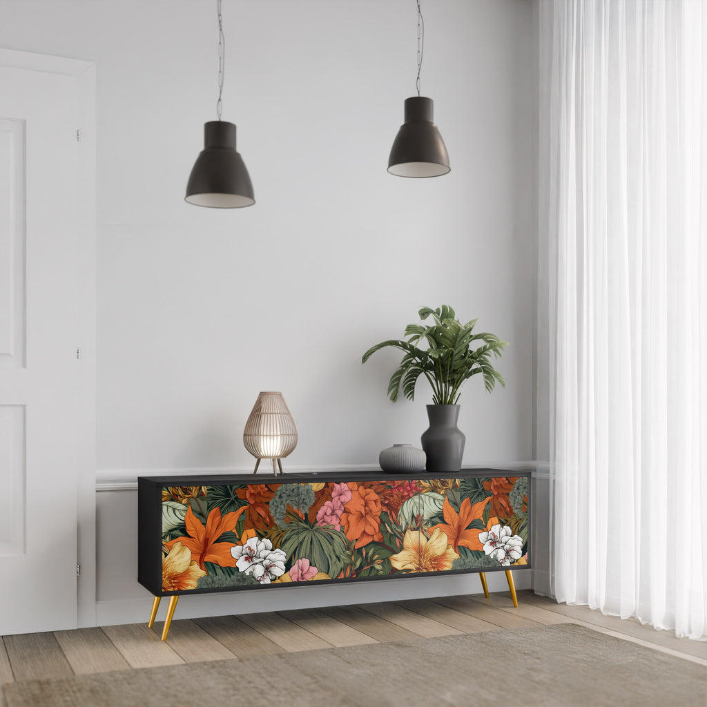 Mueble de TV de 3 puertas RADIANT FLORA en acabado negro