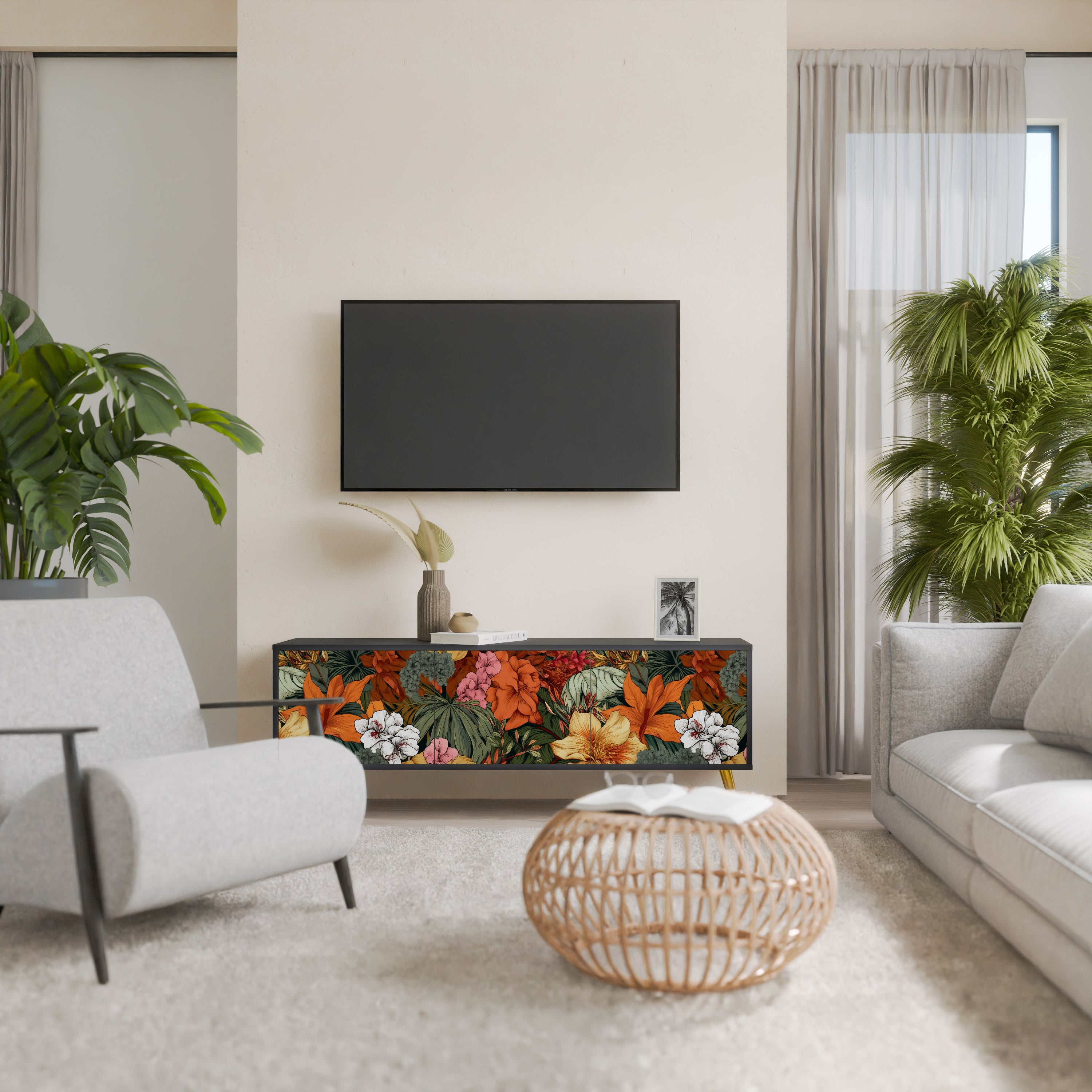 Mueble de TV de 3 puertas RADIANT FLORA en acabado negro