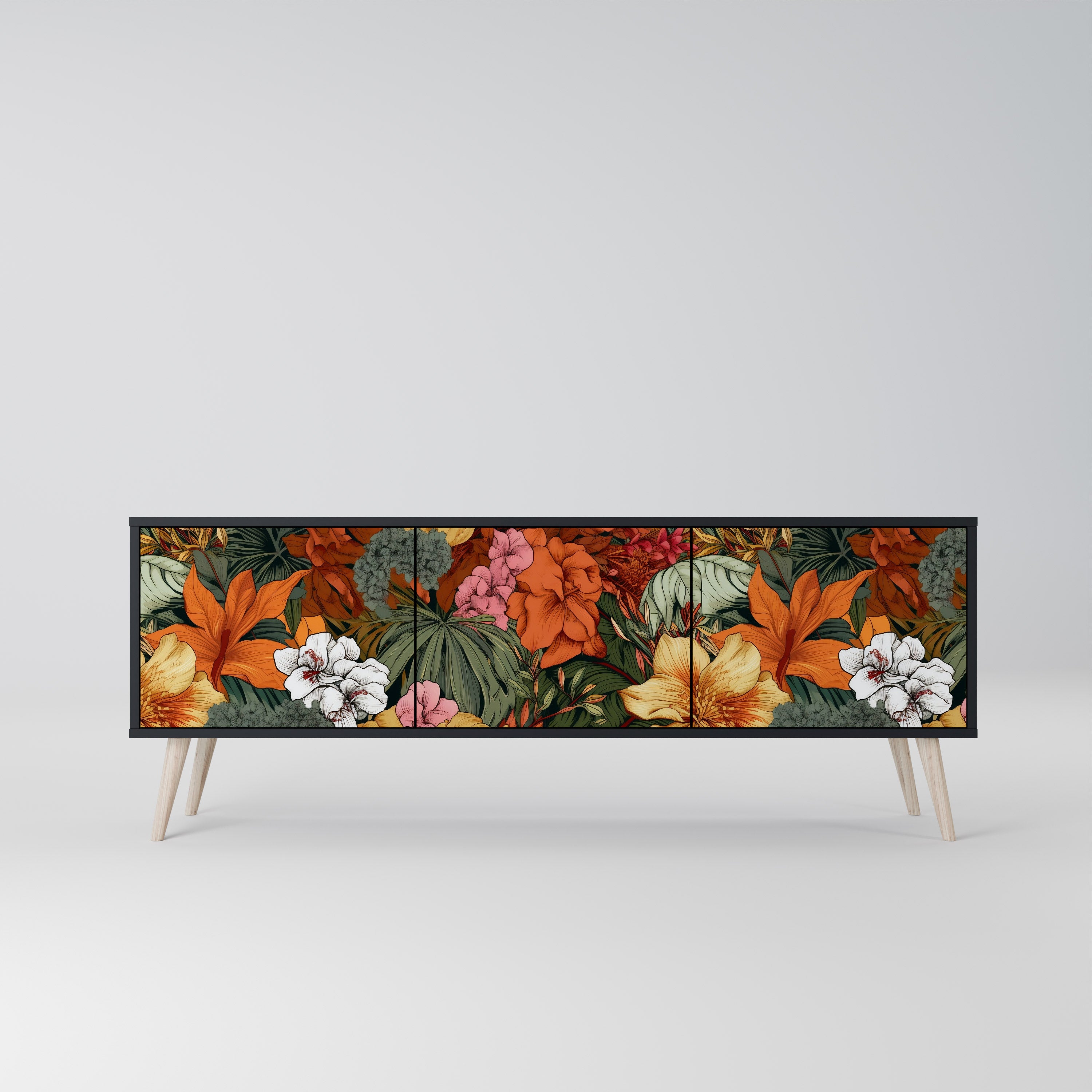 Mueble de TV de 3 puertas RADIANT FLORA en acabado negro