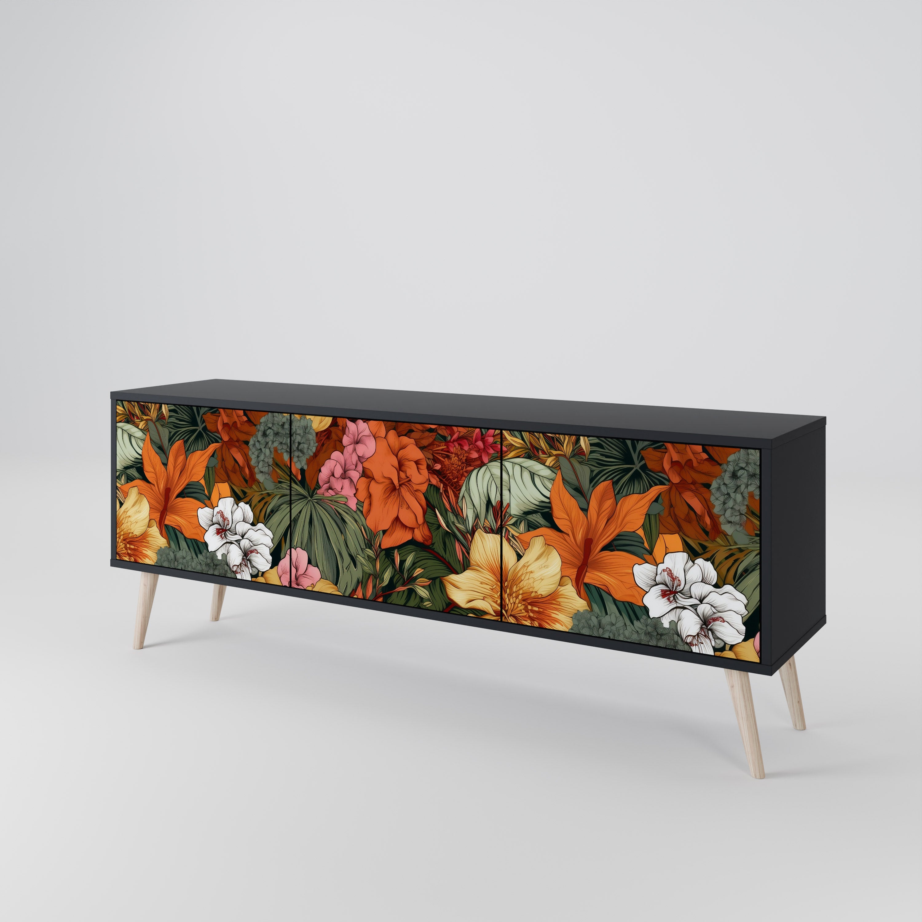 Mueble de TV de 3 puertas RADIANT FLORA en acabado negro