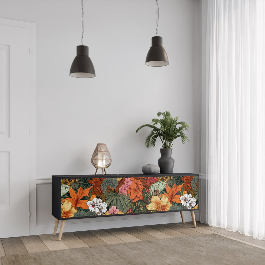 Mueble de TV de 3 puertas RADIANT FLORA en acabado negro