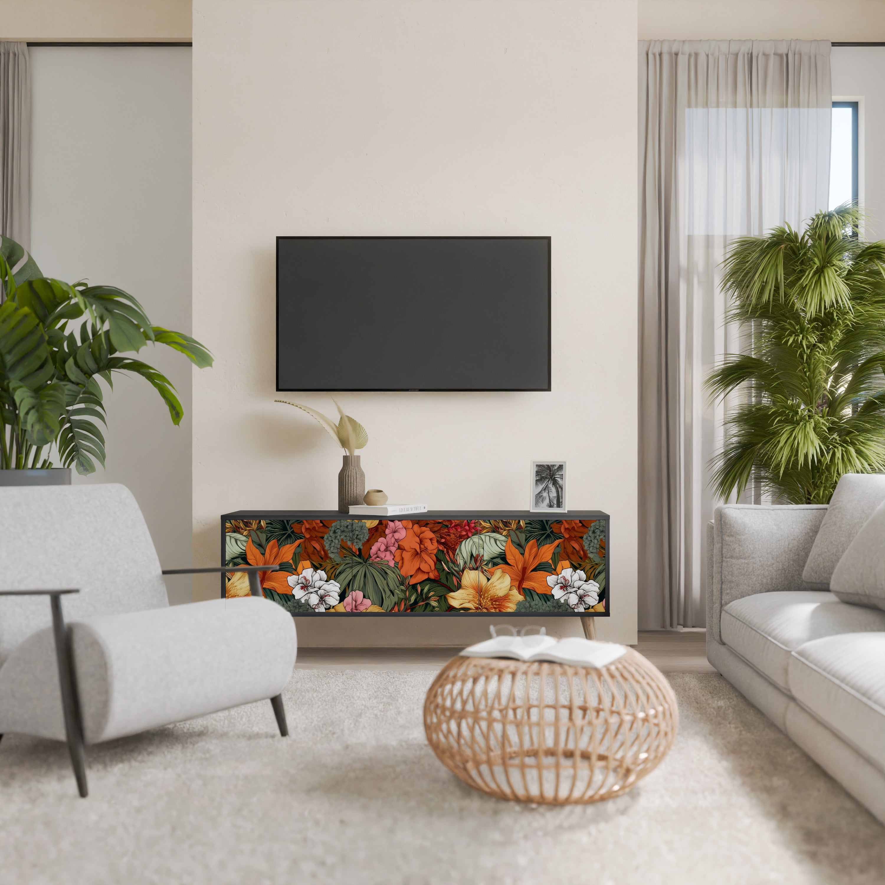 Mueble de TV de 3 puertas RADIANT FLORA en acabado negro