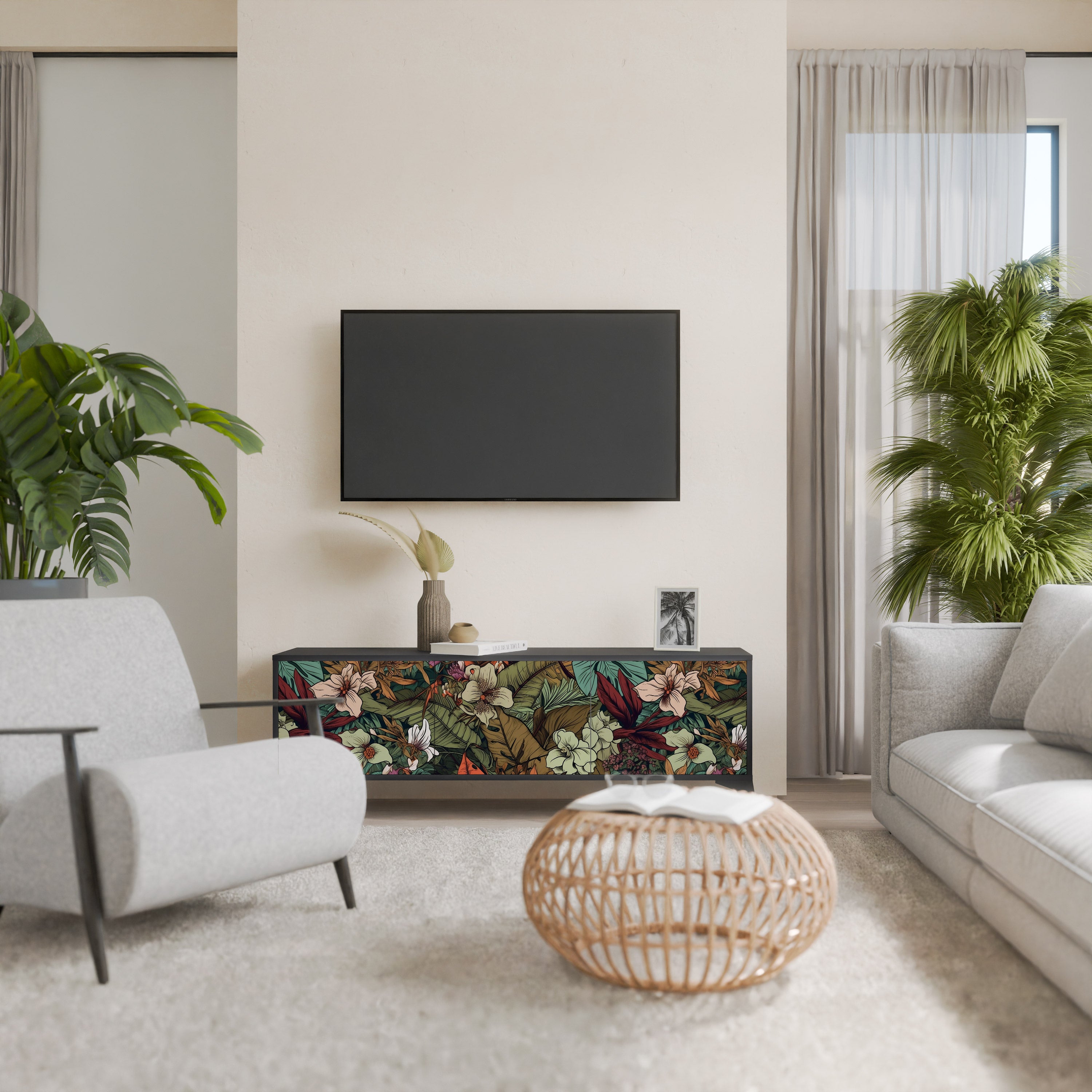 Mueble de TV de 3 puertas BOTANICAL EMERGENCE en acabado negro