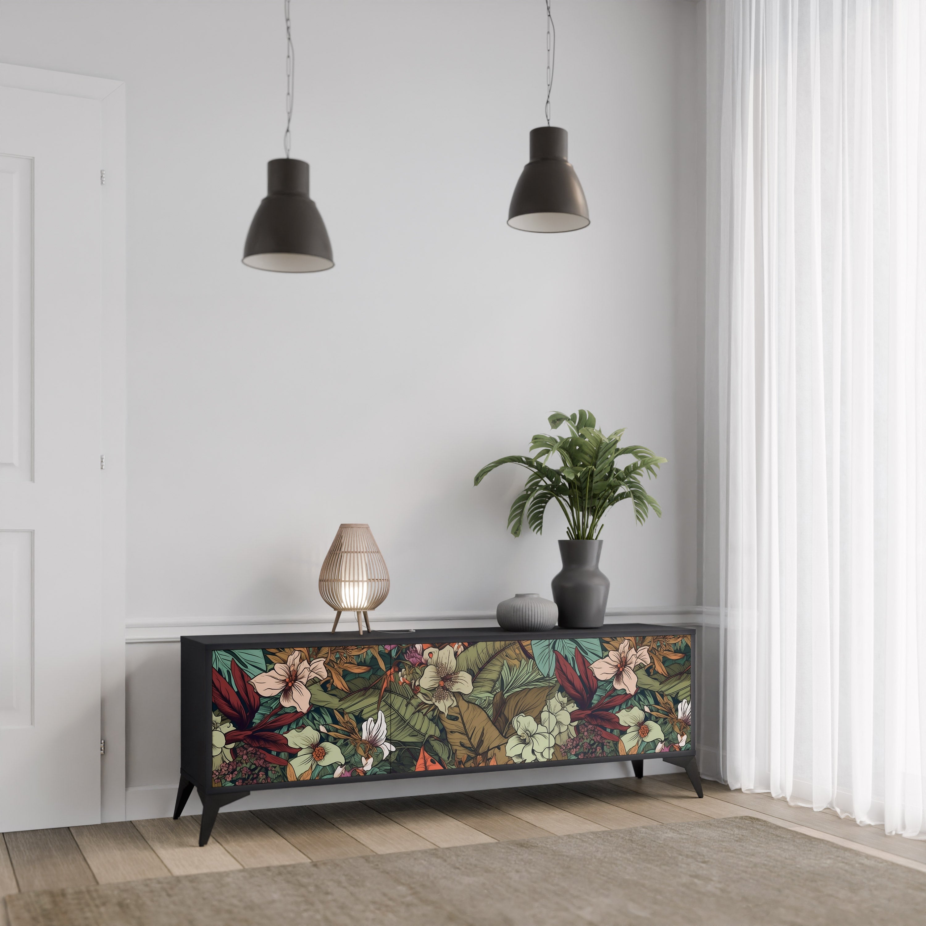 Mueble de TV de 3 puertas BOTANICAL EMERGENCE en acabado negro