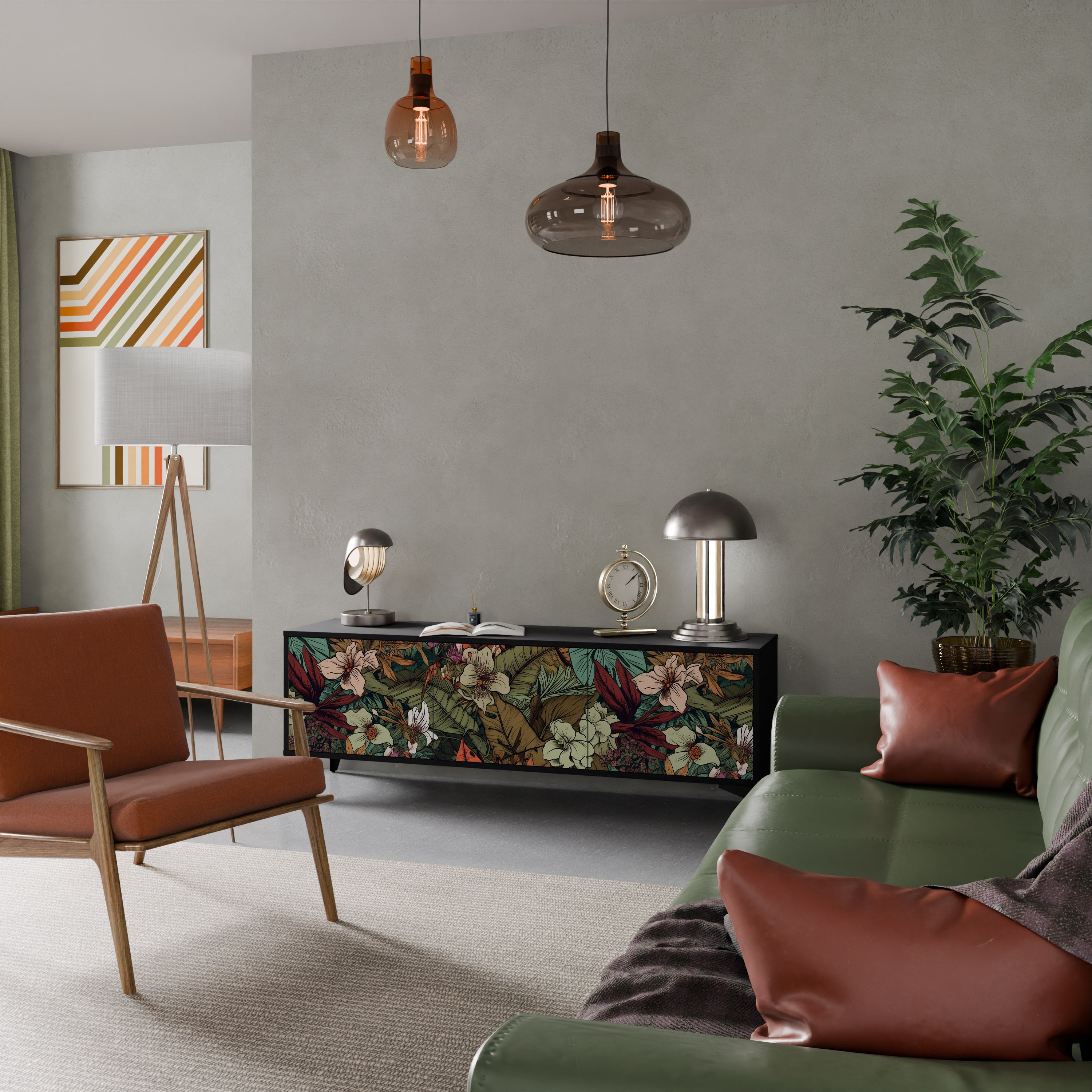 Mueble de TV de 3 puertas BOTANICAL EMERGENCE en acabado negro