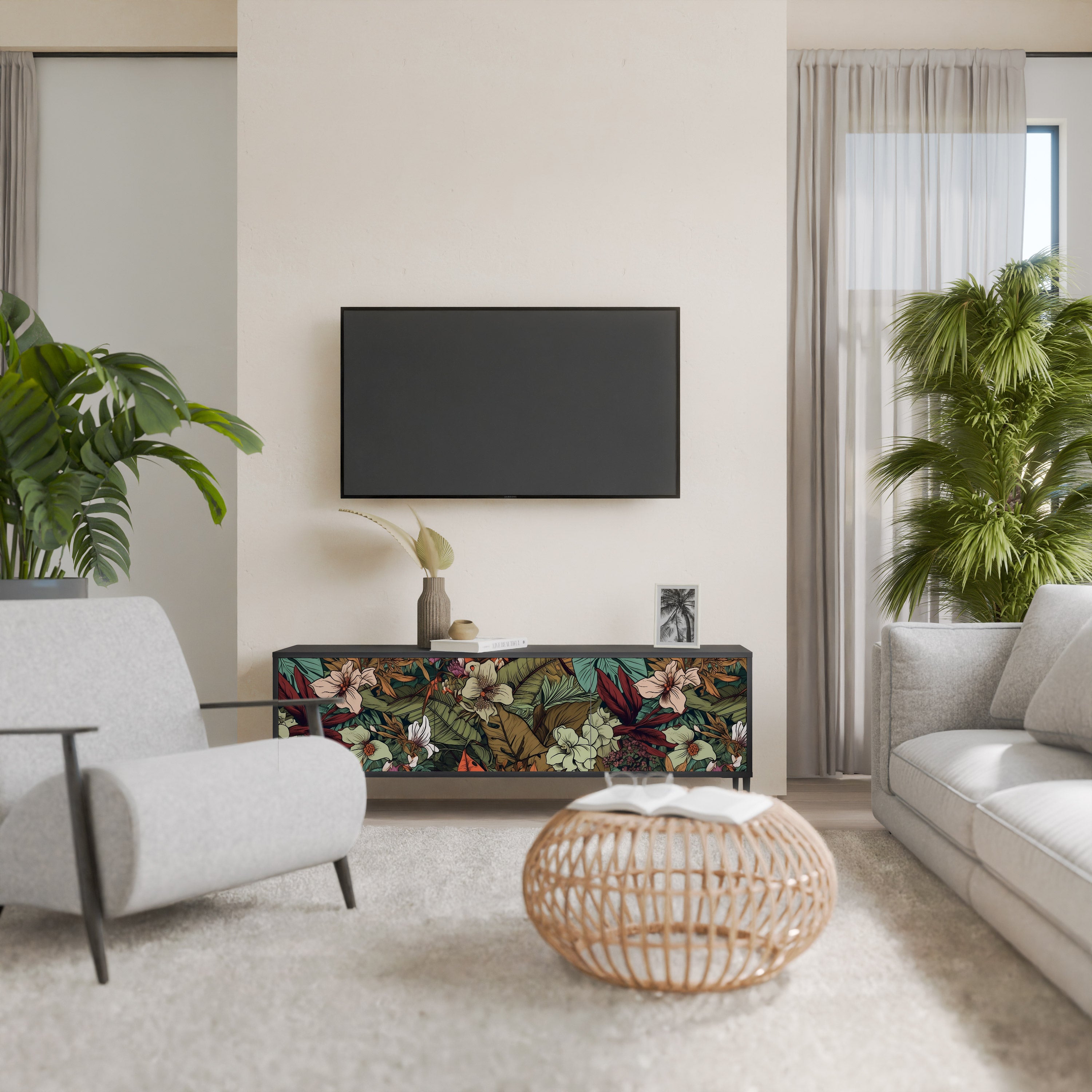 Mueble de TV de 3 puertas BOTANICAL EMERGENCE en acabado negro