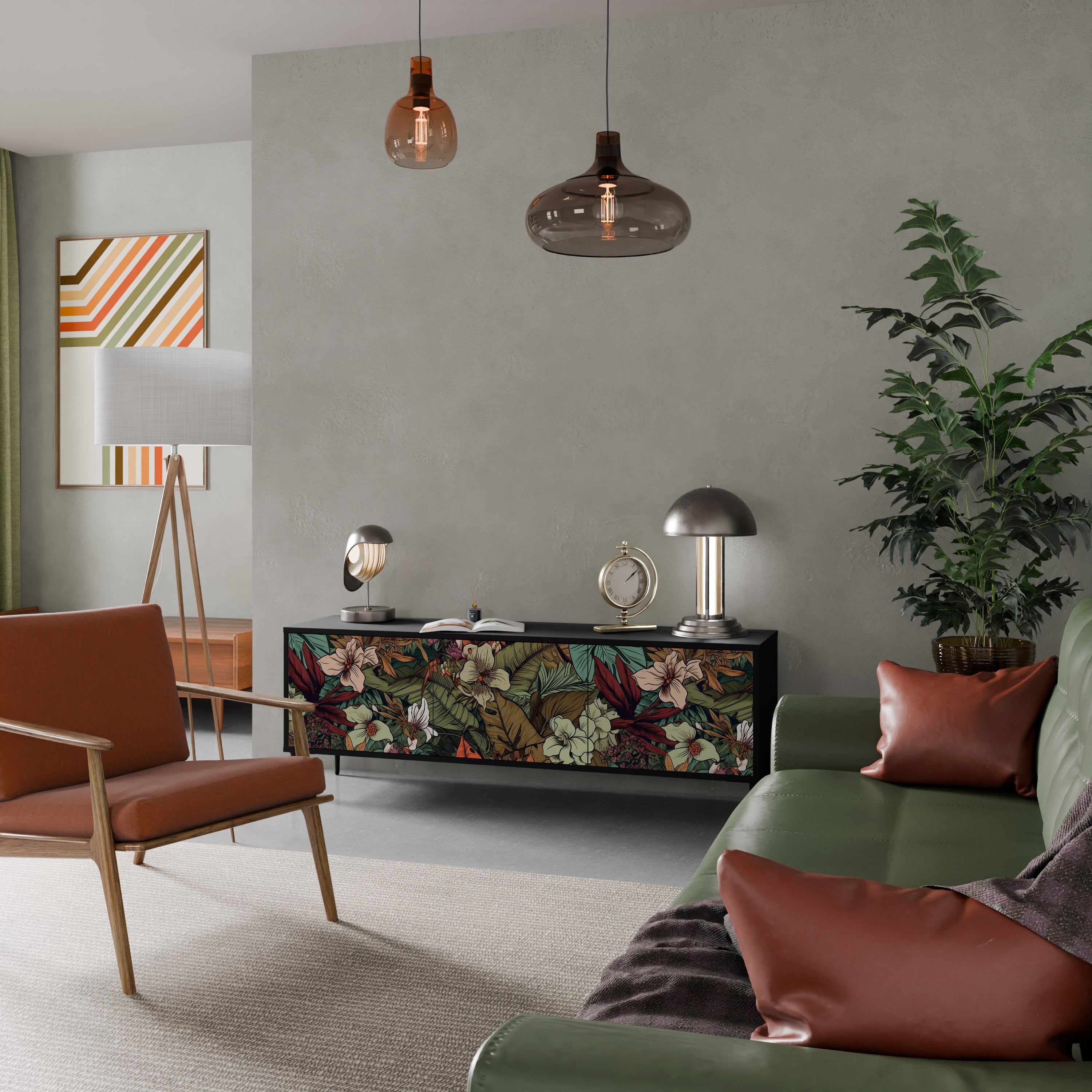 Mueble de TV de 3 puertas BOTANICAL EMERGENCE en acabado negro