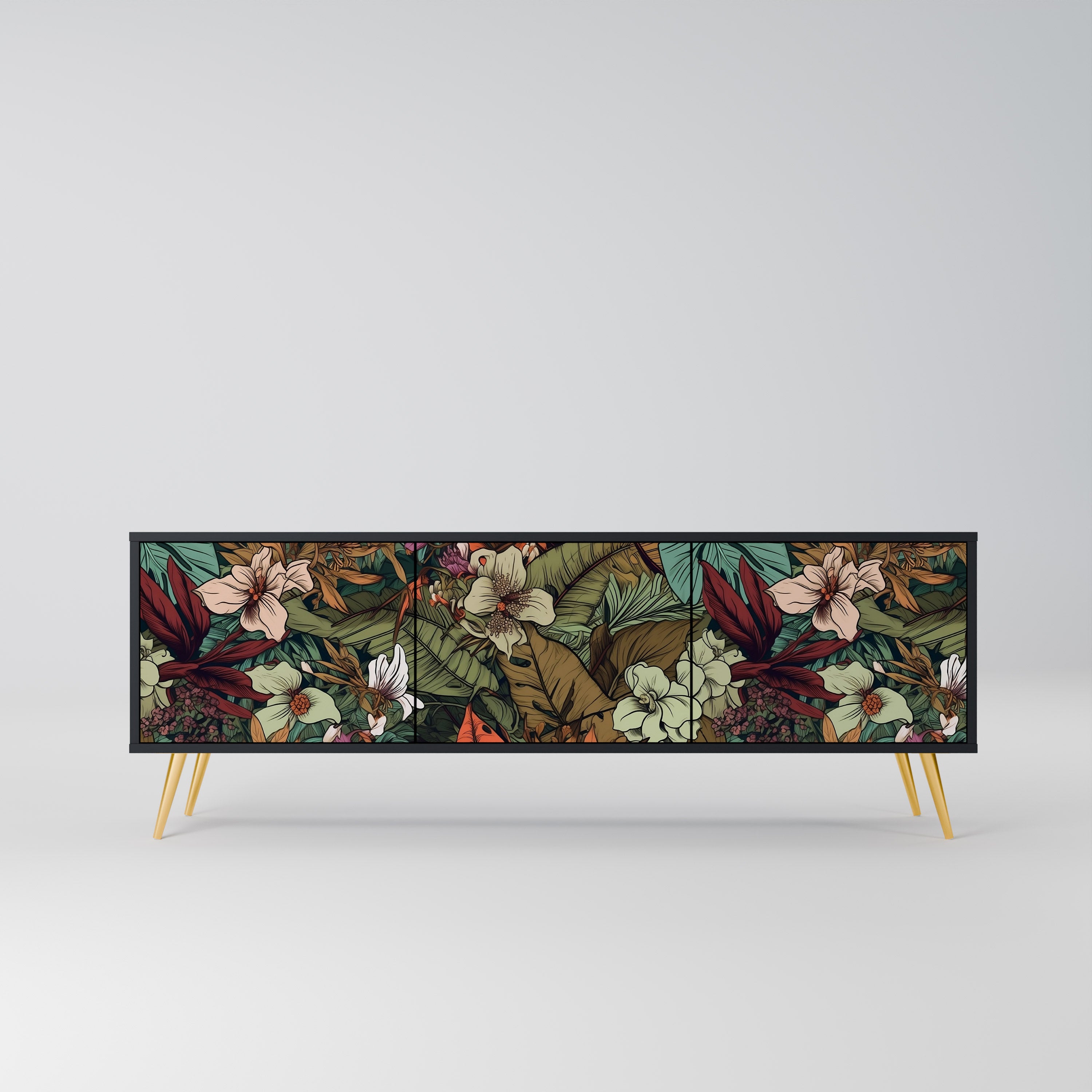 Mueble de TV de 3 puertas BOTANICAL EMERGENCE en acabado negro