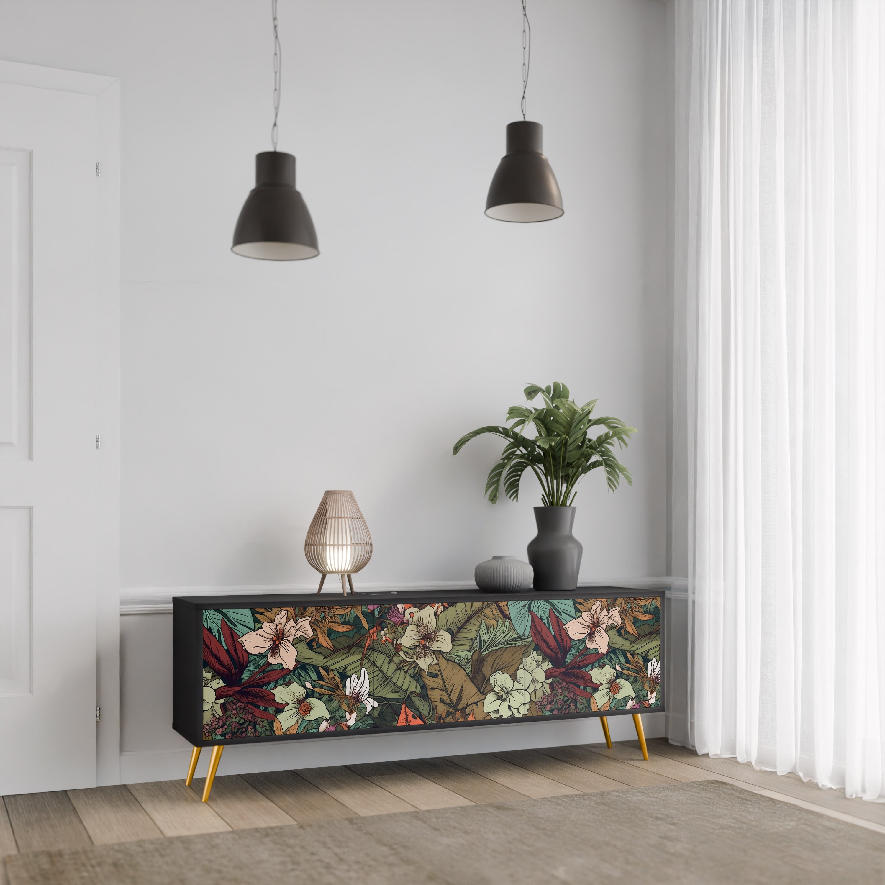 Mueble de TV de 3 puertas BOTANICAL EMERGENCE en acabado negro