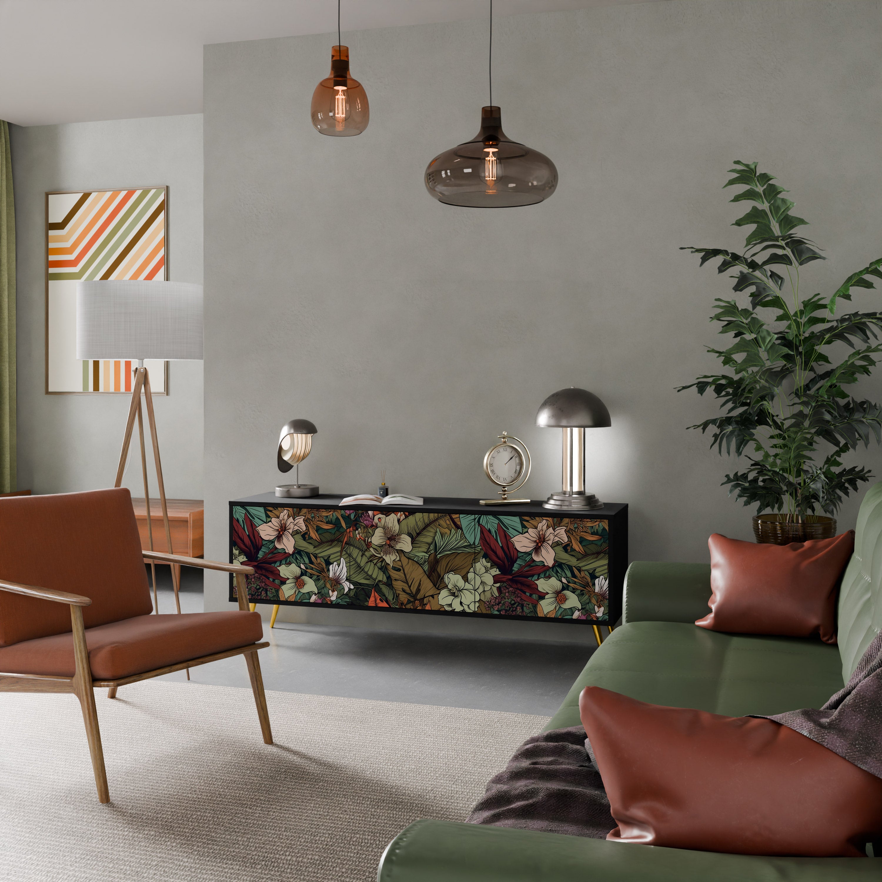 Mueble de TV de 3 puertas BOTANICAL EMERGENCE en acabado negro