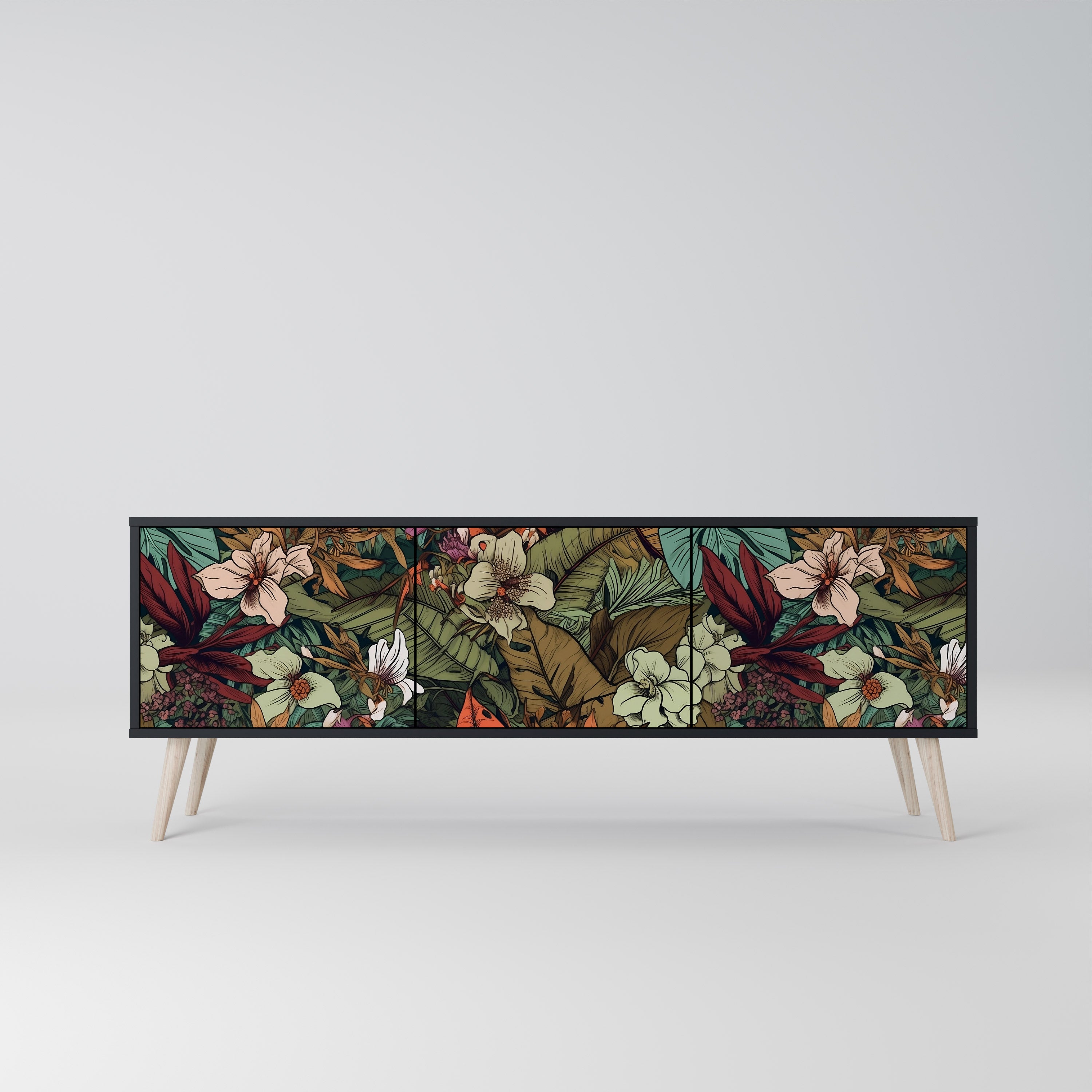Mueble de TV de 3 puertas BOTANICAL EMERGENCE en acabado negro