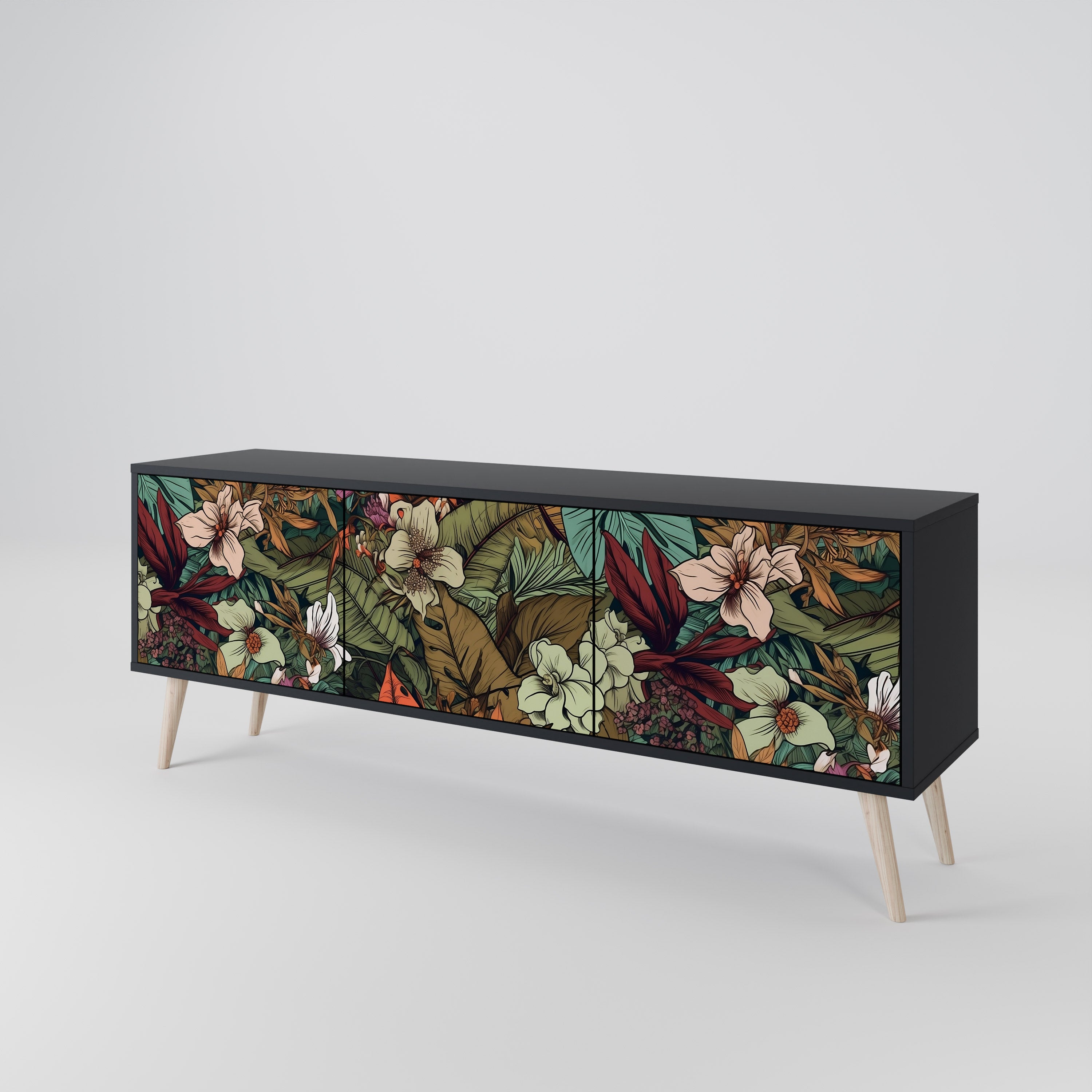 Mueble de TV de 3 puertas BOTANICAL EMERGENCE en acabado negro