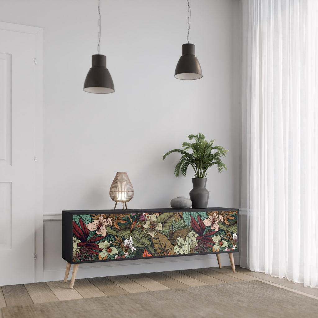 Mueble de TV de 3 puertas BOTANICAL EMERGENCE en acabado negro