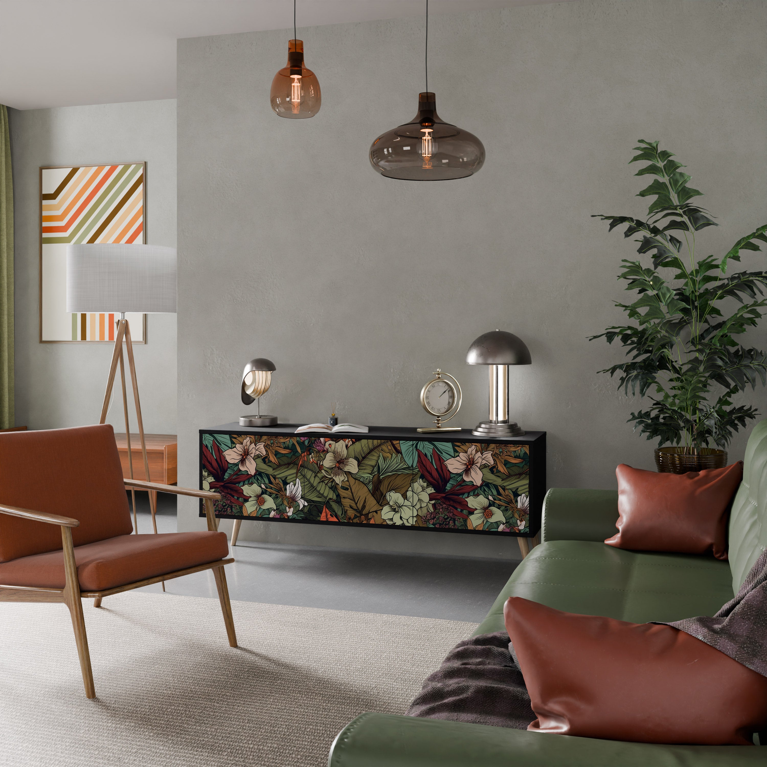 Mueble de TV de 3 puertas BOTANICAL EMERGENCE en acabado negro