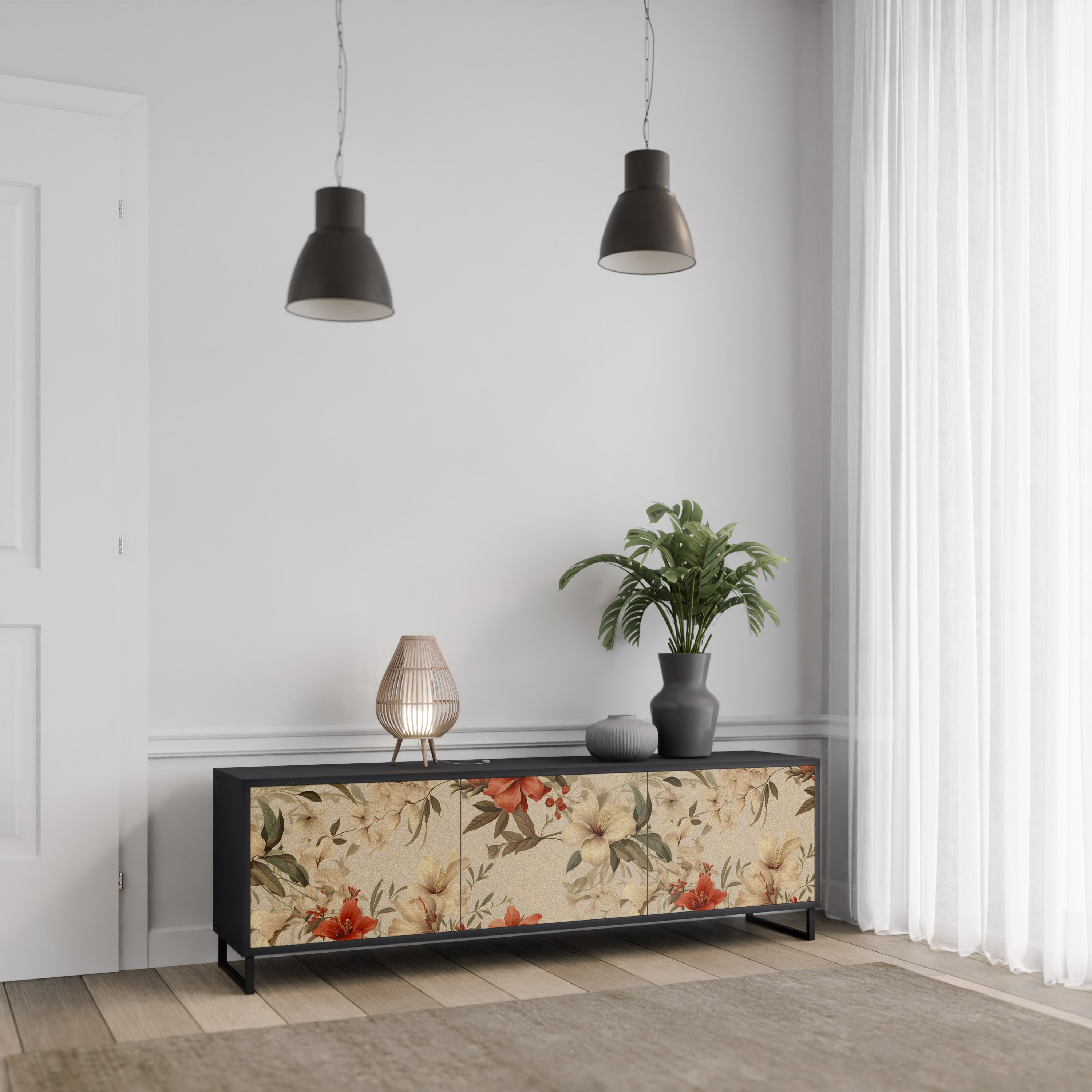 Mueble de TV de 3 puertas BLOOMING HARMONY en acabado negro