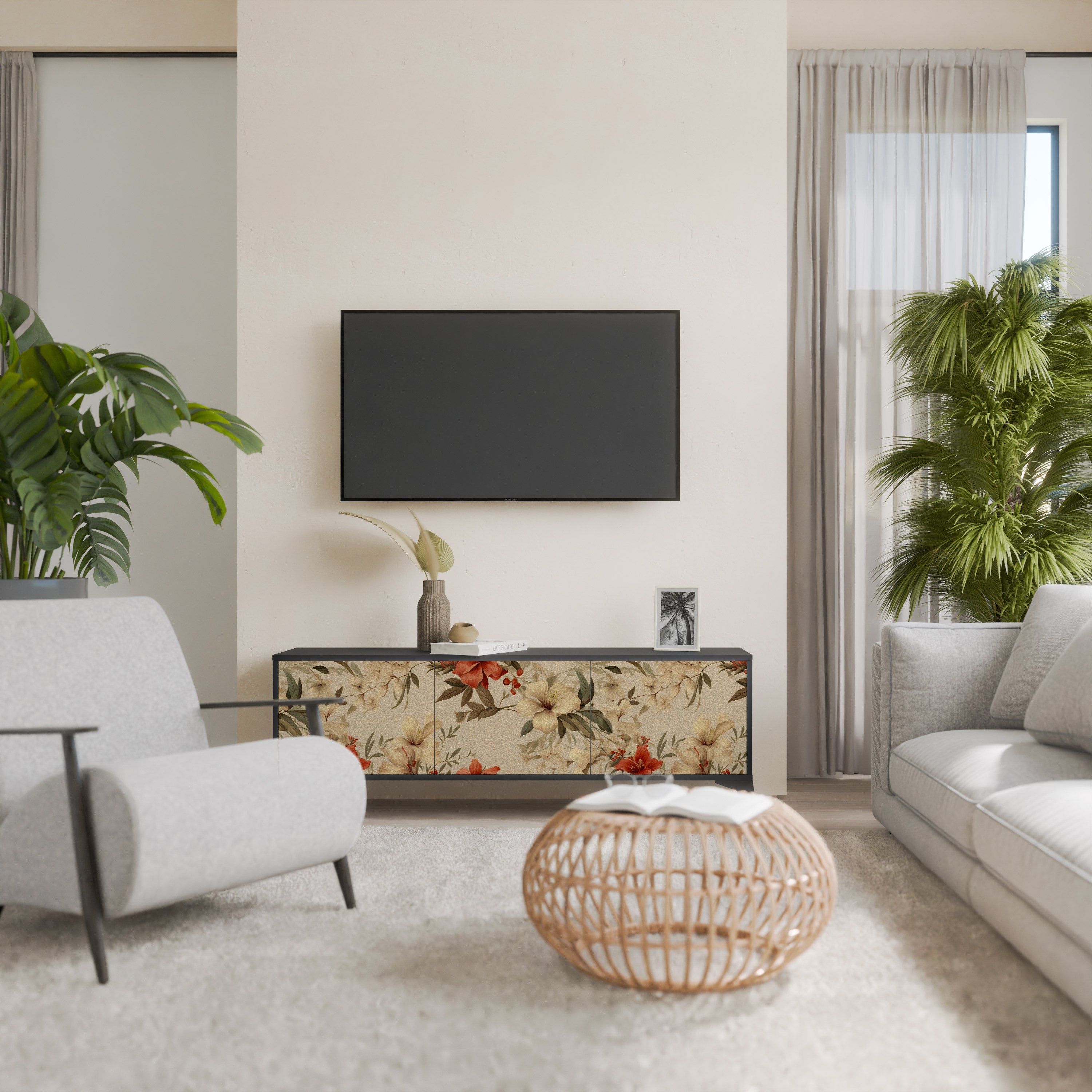 Mueble de TV de 3 puertas BLOOMING HARMONY en acabado negro