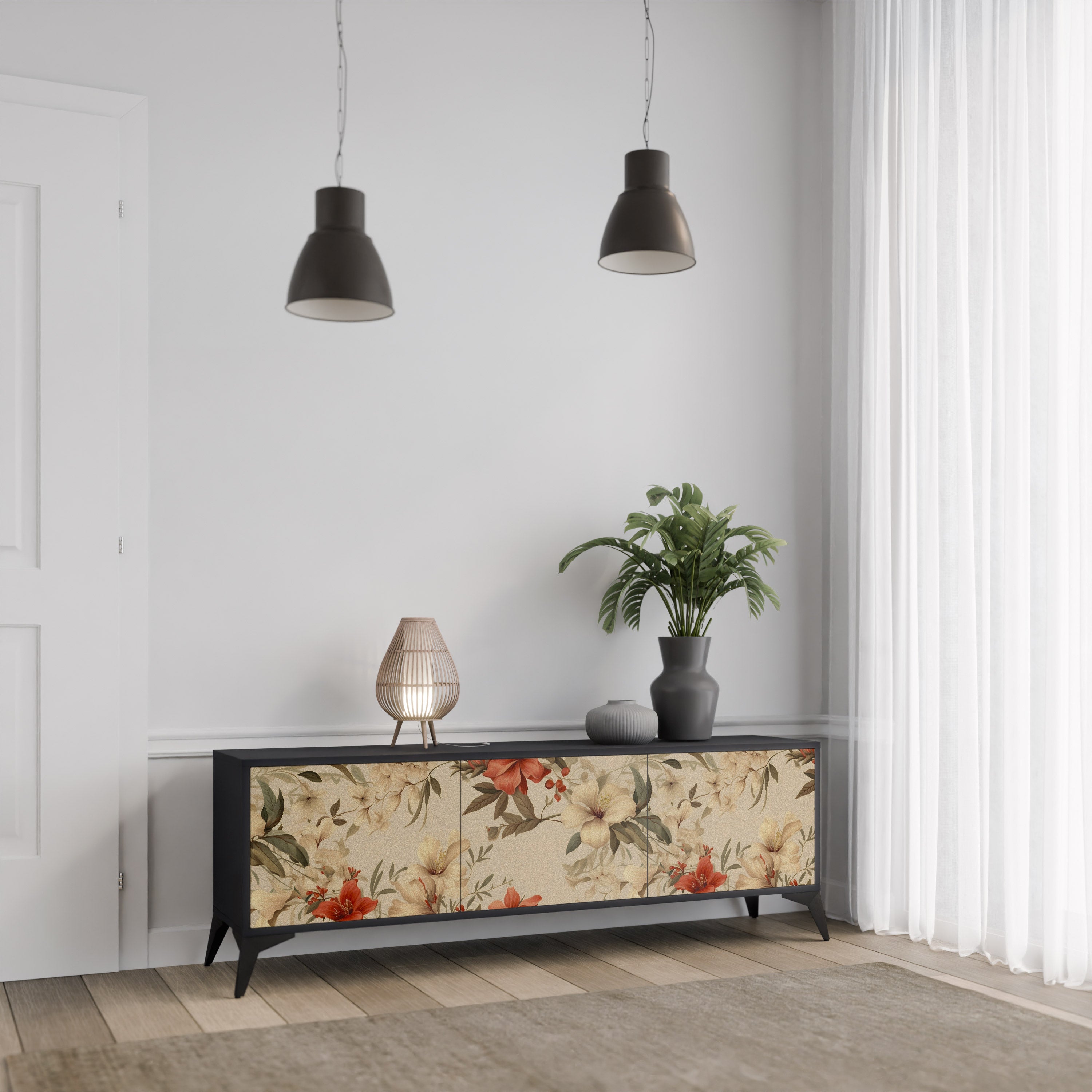 Mueble de TV de 3 puertas BLOOMING HARMONY en acabado negro
