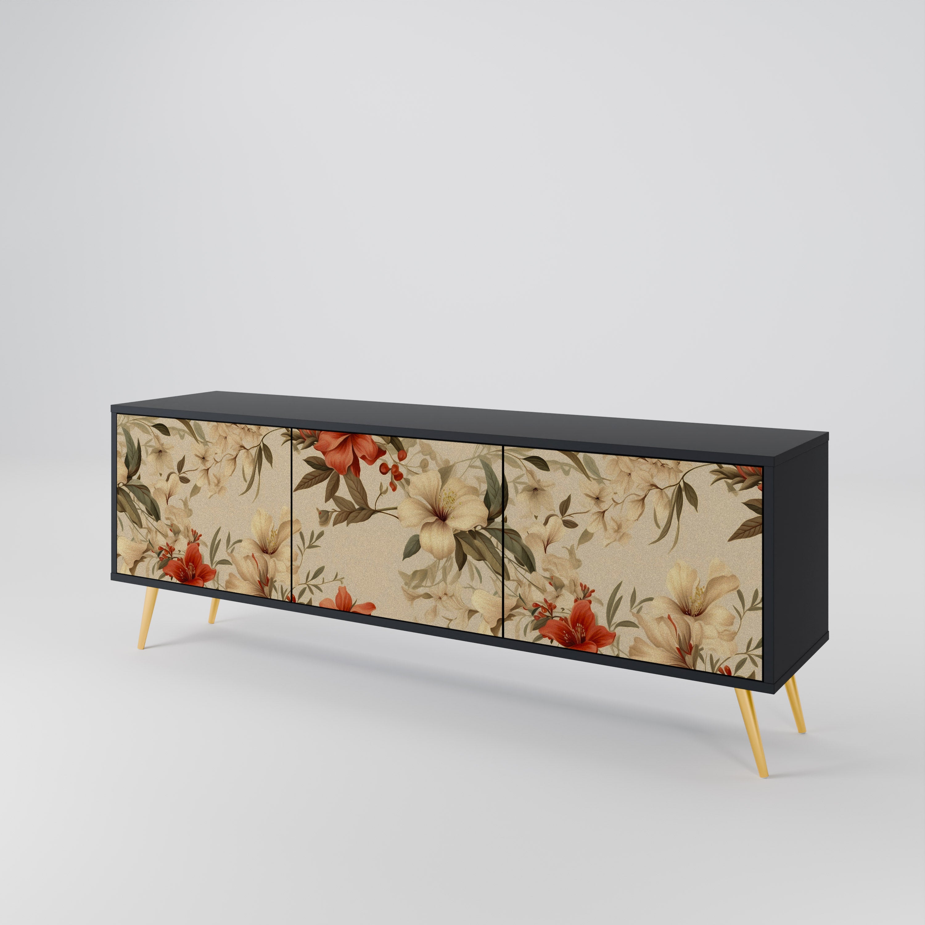 Mueble de TV de 3 puertas BLOOMING HARMONY en acabado negro