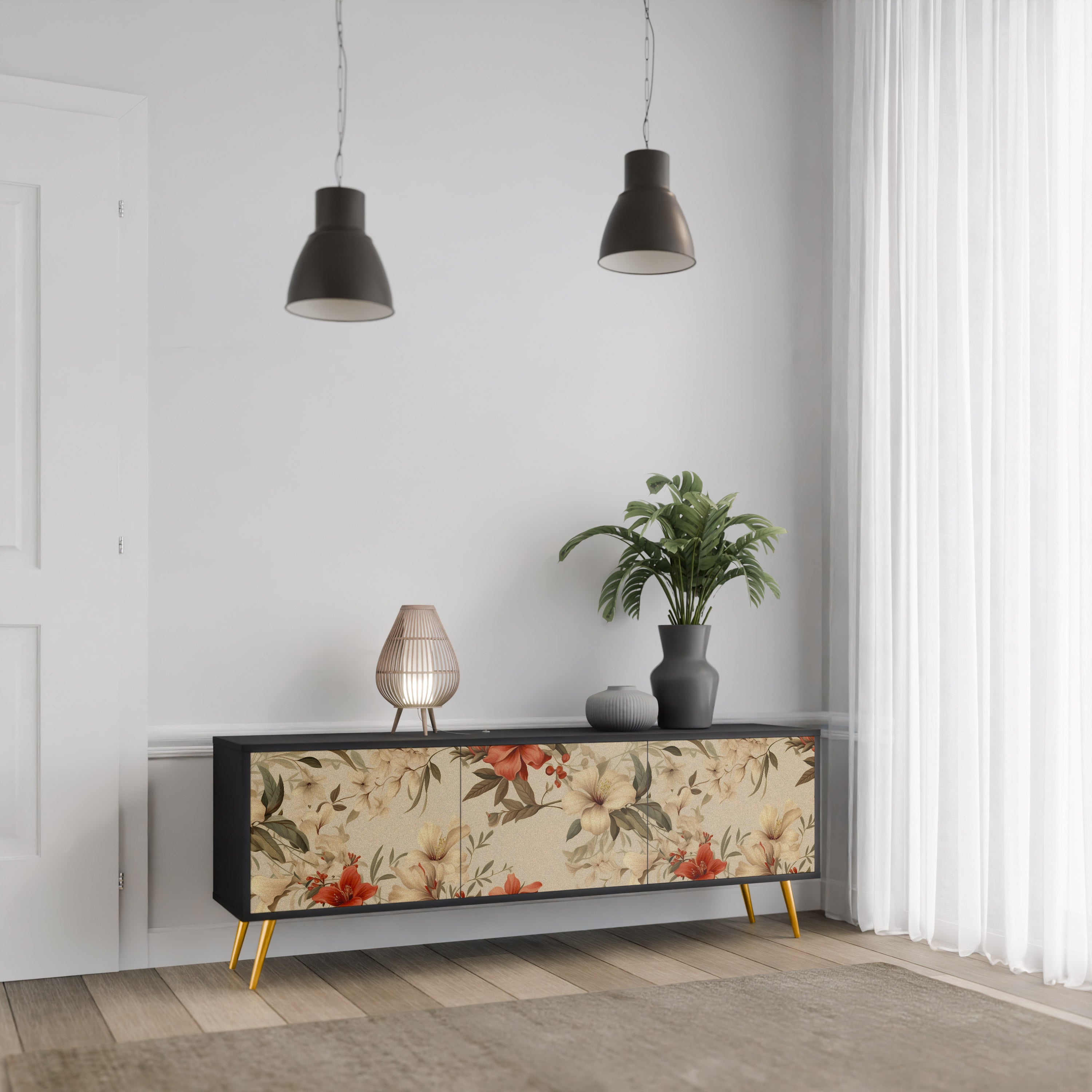 Mueble de TV de 3 puertas BLOOMING HARMONY en acabado negro