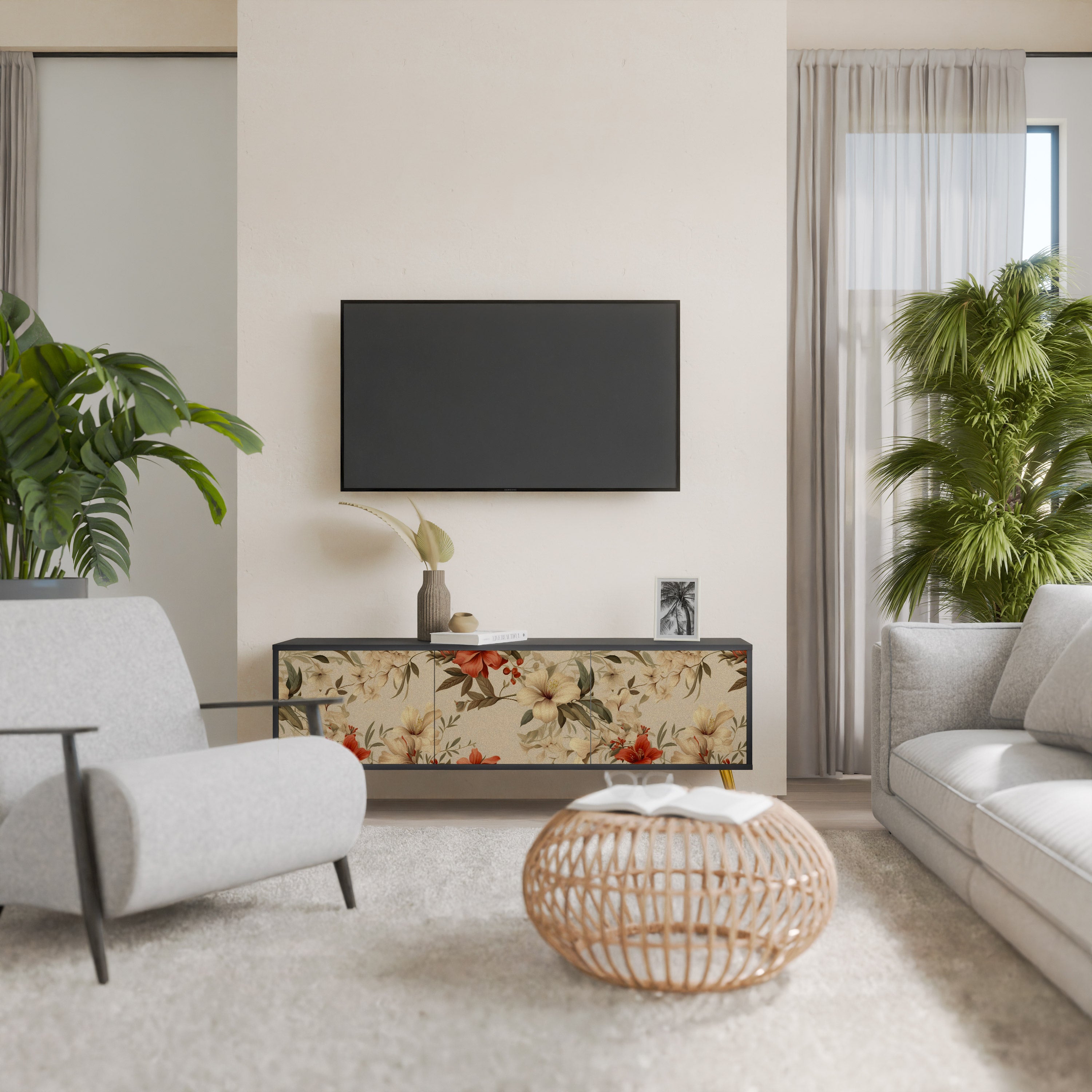 Mueble de TV de 3 puertas BLOOMING HARMONY en acabado negro